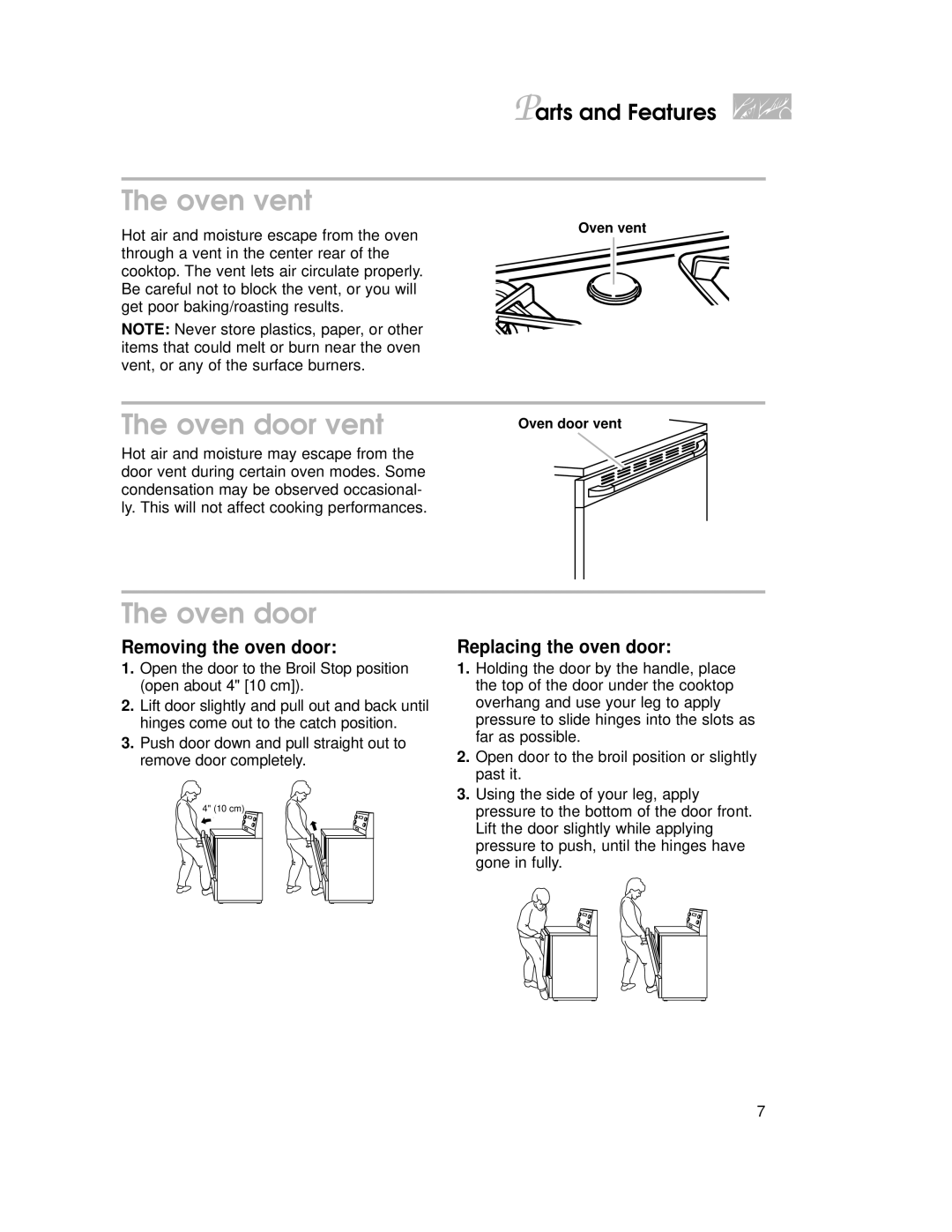 KitchenAid KGRT507 warranty Oven vent, Oven door vent, Removing the oven door, Replacing the oven door 