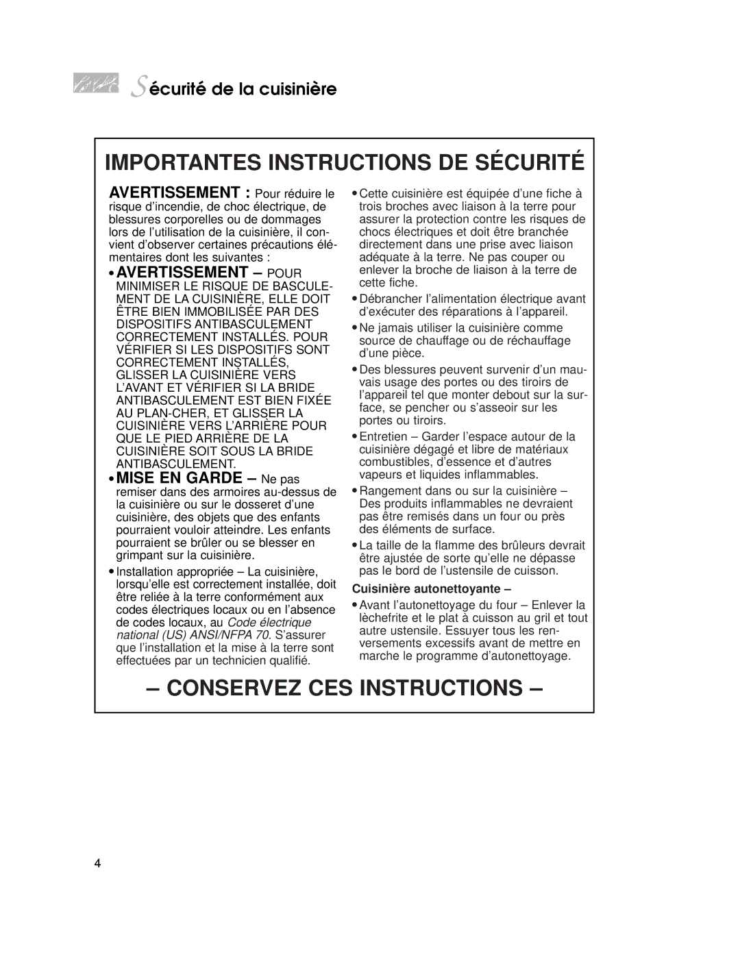 KitchenAid KGRT507 warranty Importantes Instructions DE Sécurité, Cuisinière autonettoyante 