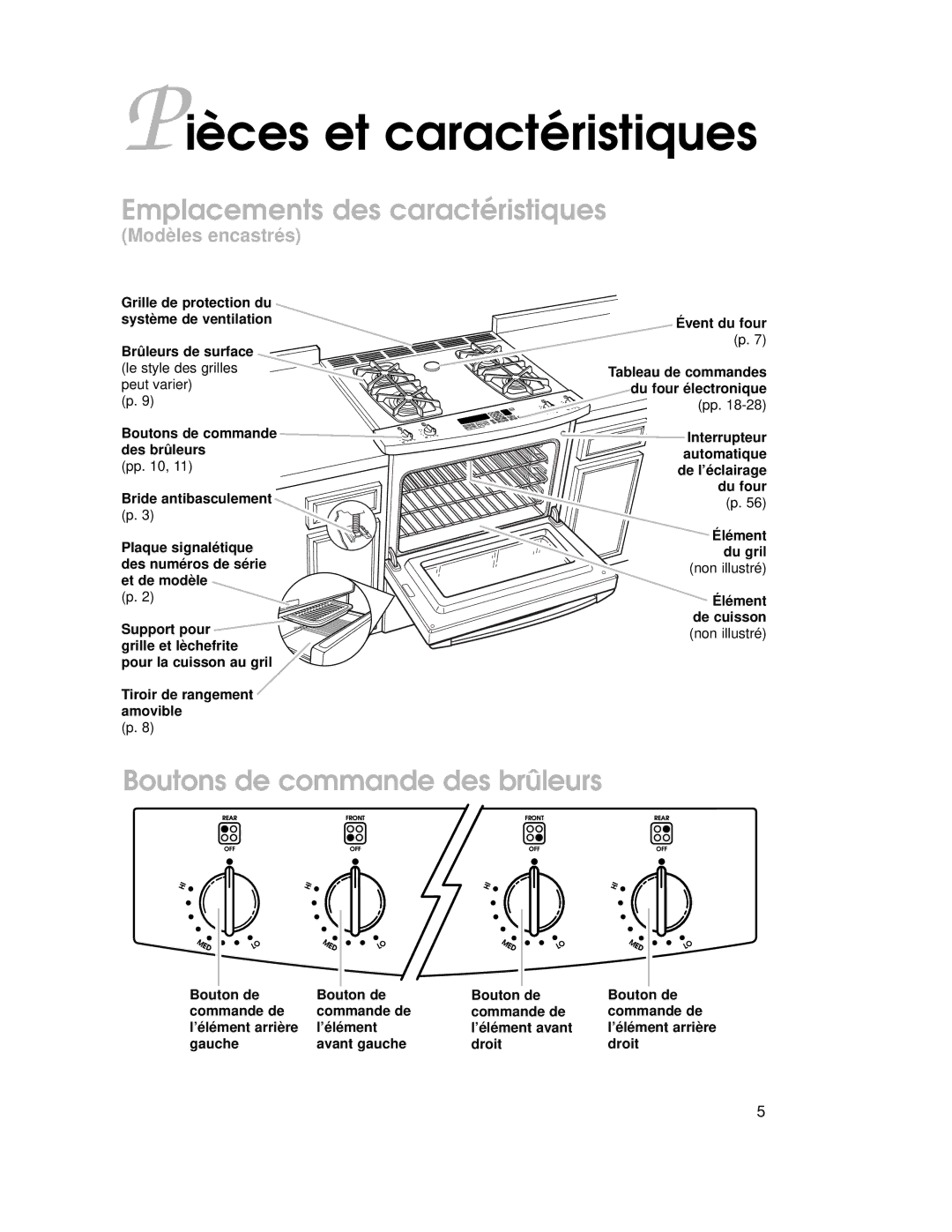 KitchenAid KGRT507 warranty Pièces et caractéristiques, Emplacements des caractéristiques, Boutons de commande des brûleurs 