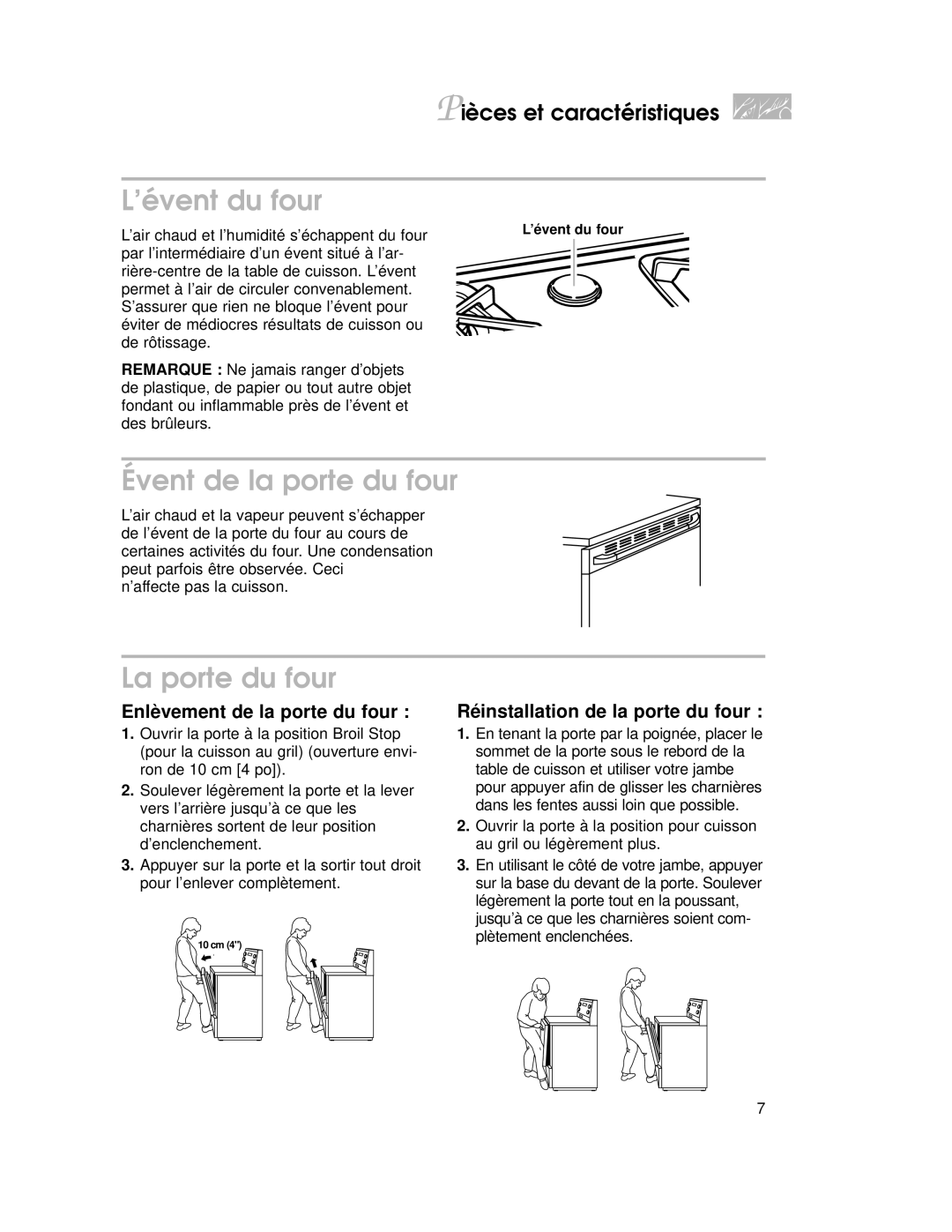 KitchenAid KGRT507 warranty ’évent du four, Évent de la porte du four, La porte du four, Enlèvement de la porte du four 