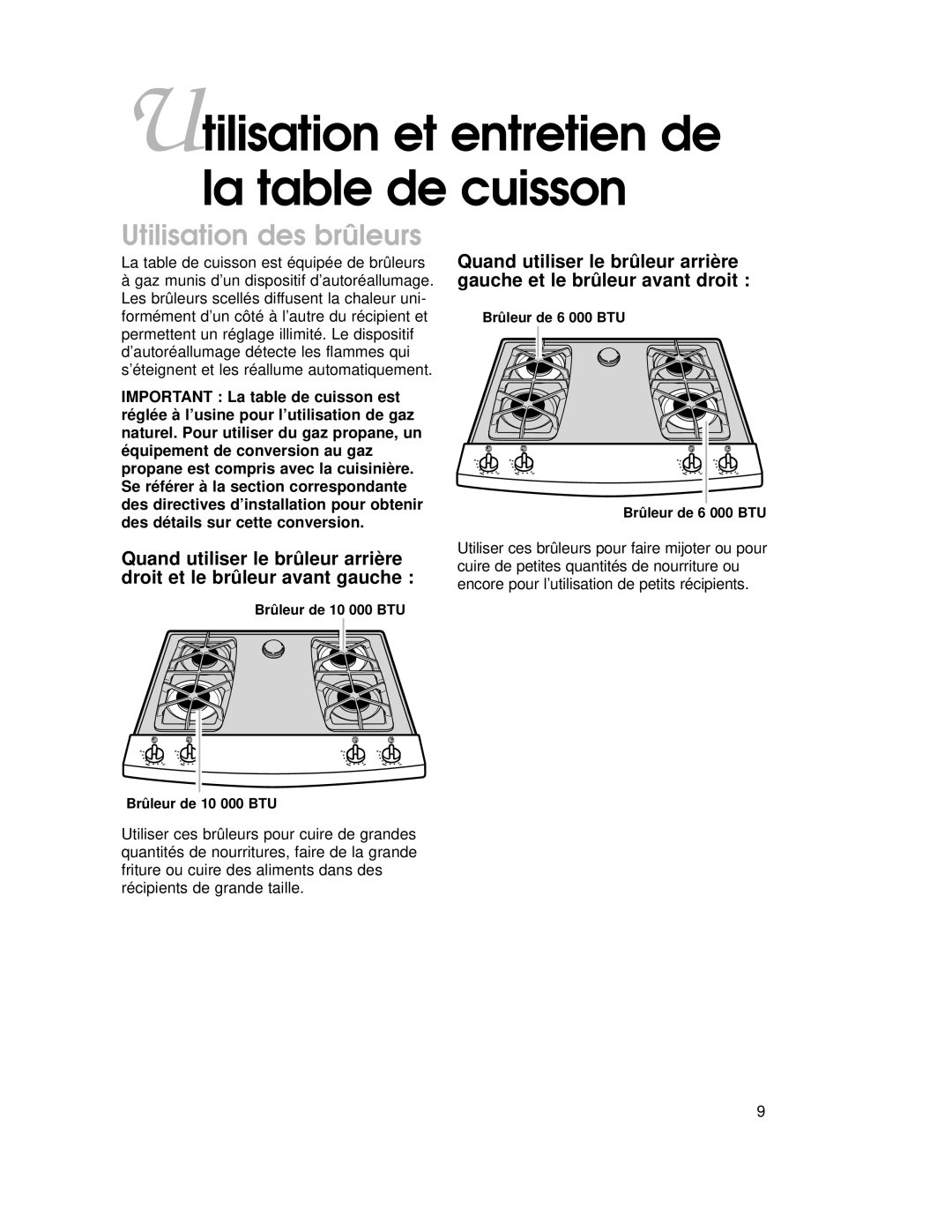 KitchenAid KGRT507 warranty Utilisation et entretien de la table de cuisson, Utilisation des brûleurs 