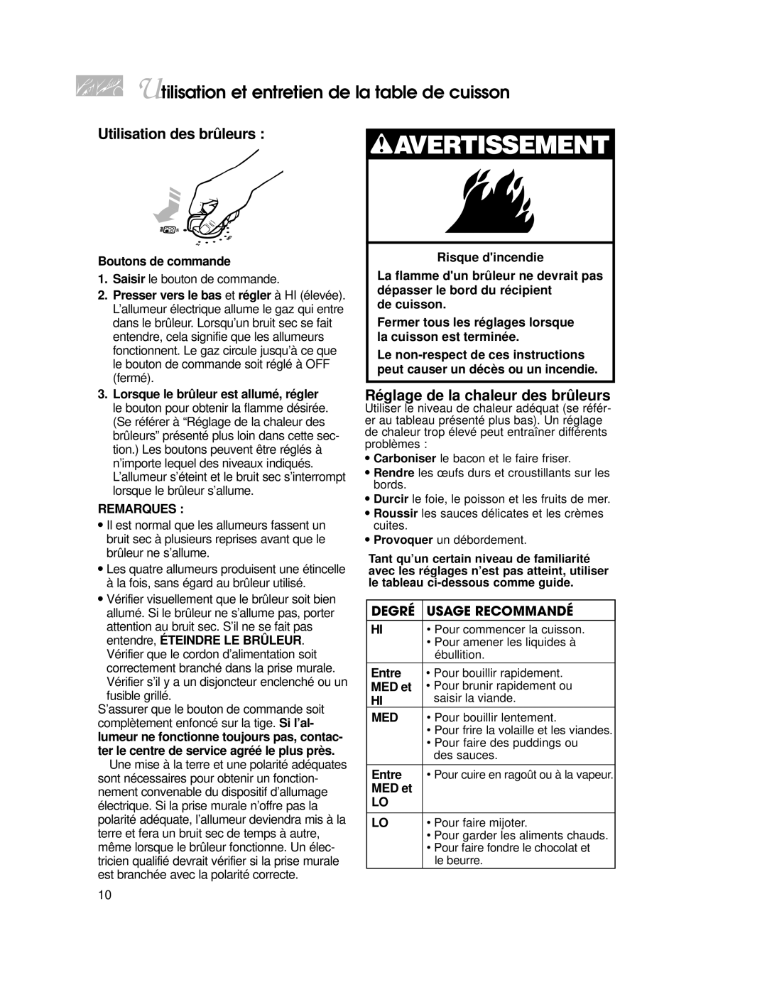 KitchenAid KGRT507 warranty Utilisation des brûleurs, Réglage de la chaleur des brûleurs, Remarques 