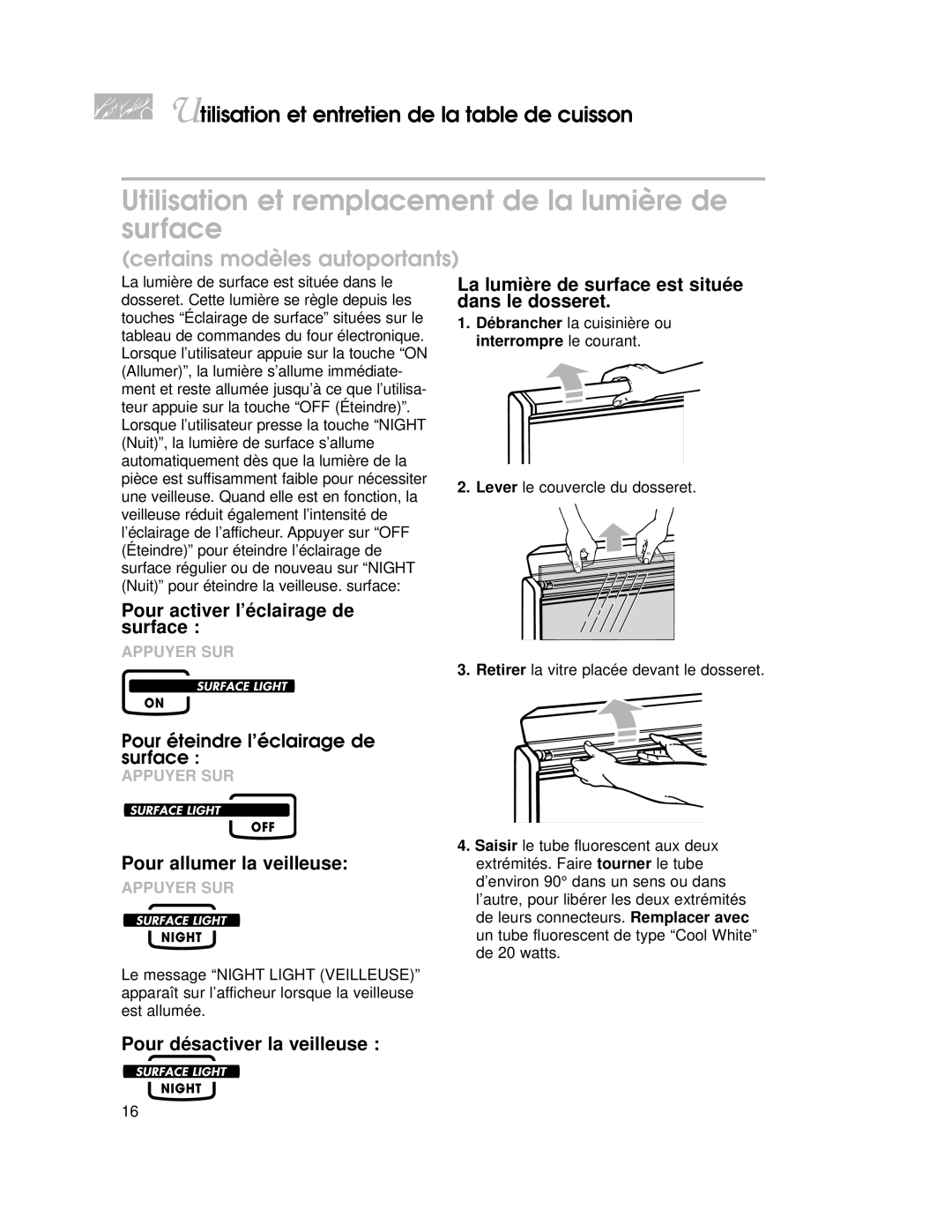 KitchenAid KGRT507 warranty Utilisation et remplacement de la lumière de surface, Pour activer l’éclairage de surface 