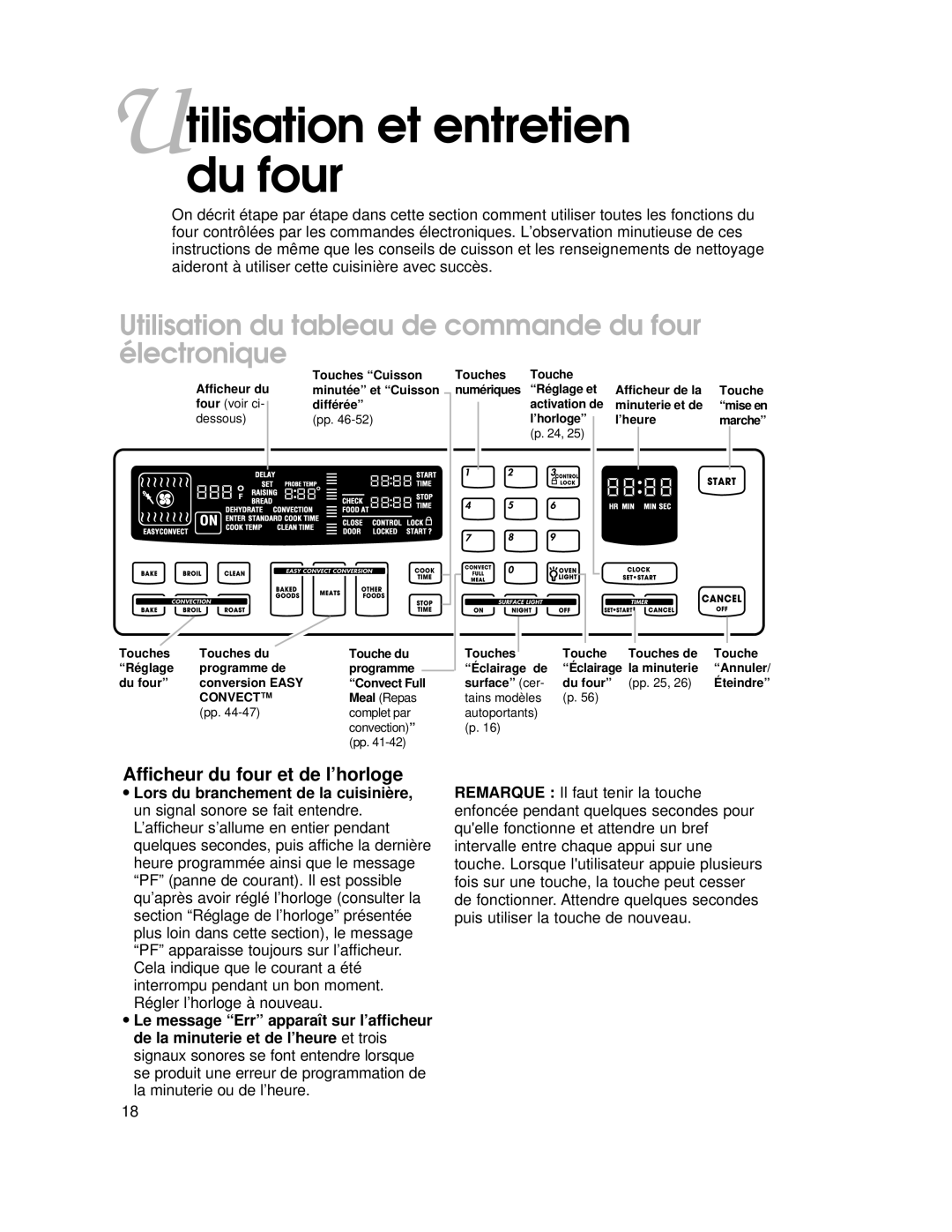 KitchenAid KGRT507 warranty Utilisation et entretien du four, Utilisation du tableau de commande du four électronique 