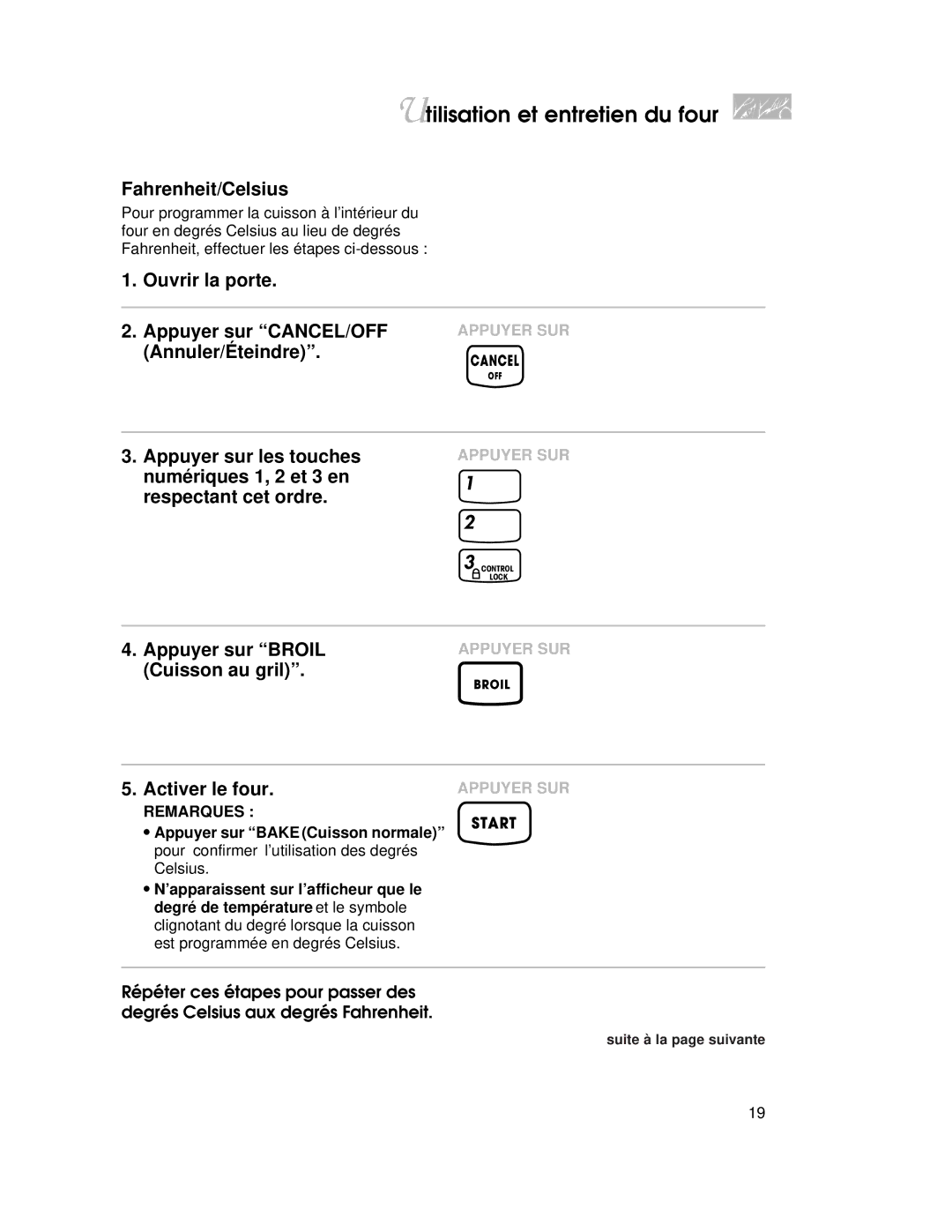 KitchenAid KGRT507 warranty Ouvrir la porte Appuyer sur CANCEL/OFF Annuler/Éteindre, Appuyer sur Broil Cuisson au gril 