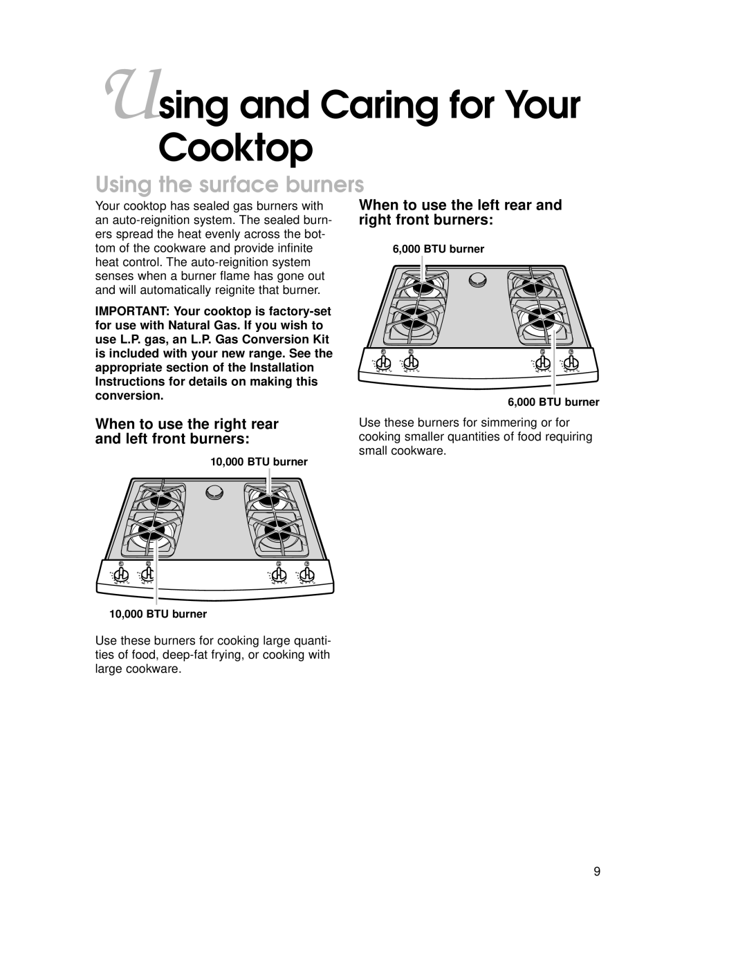 KitchenAid KGRT507 warranty Using and Caring for Your Cooktop, Using the surface burners 