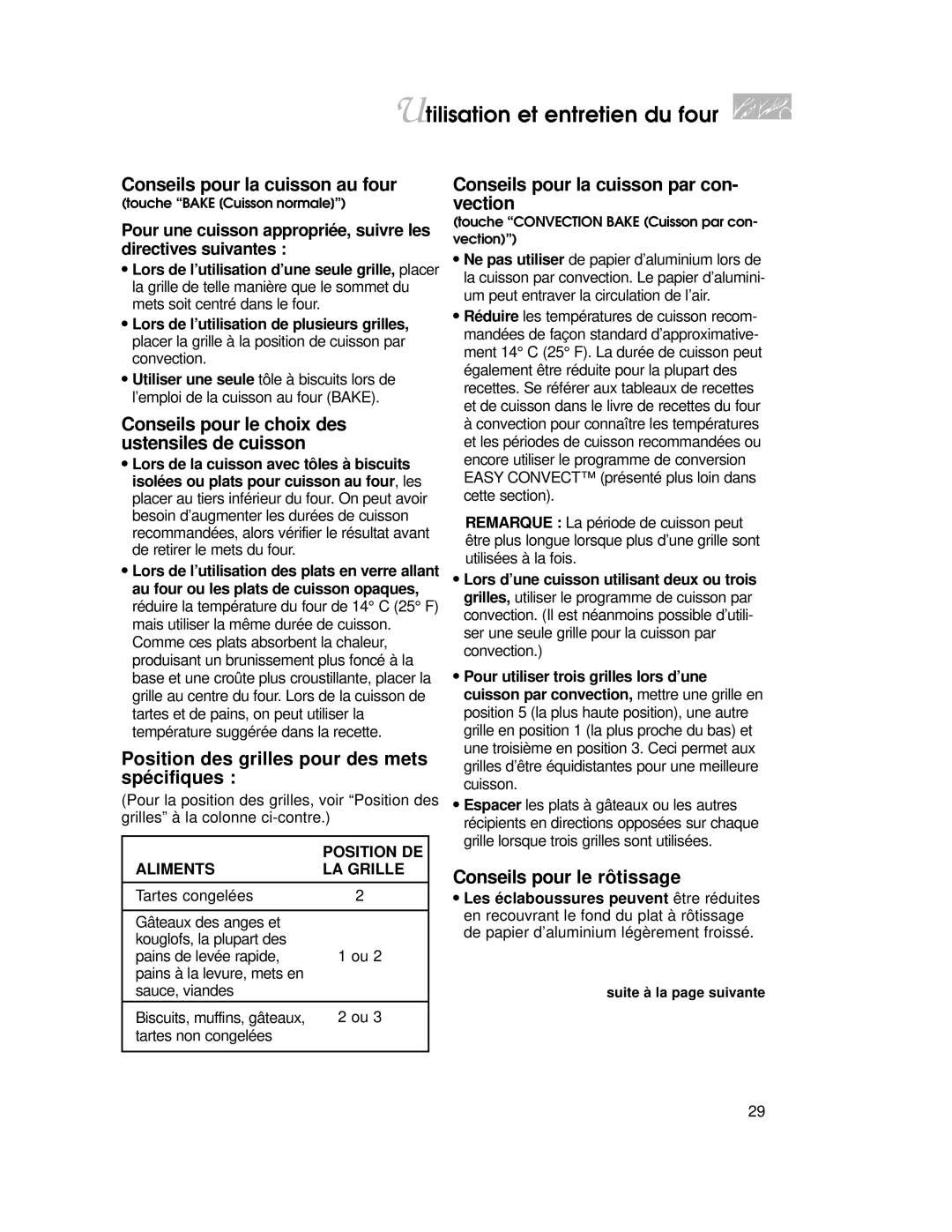 KitchenAid KGRT507 warranty Conseils pour la cuisson au four, Conseils pour le choix des ustensiles de cuisson, Position DE 