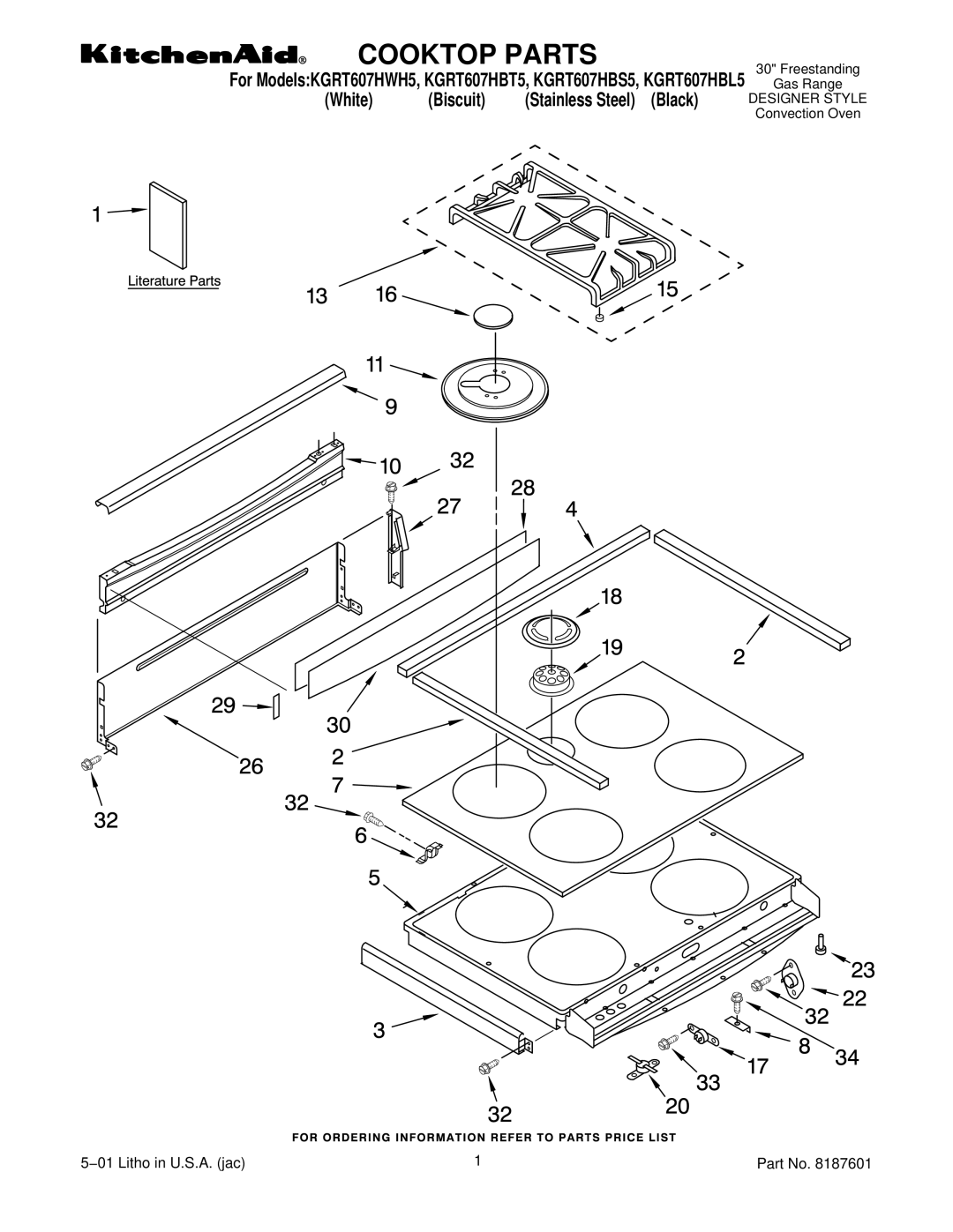 KitchenAid KGRT607HBT5, KGRT607HBL5, KGRT607HWH5, KGRT607HBS5 manual Cooktop Parts 