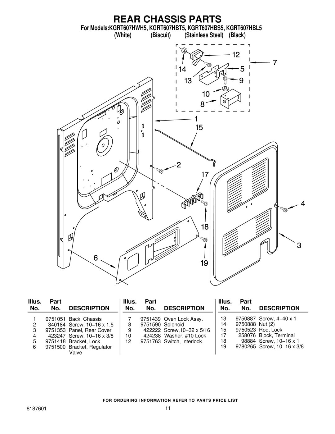 KitchenAid KGRT607HBS5, KGRT607HBL5, KGRT607HBT5, KGRT607HWH5 manual Rear Chassis Parts 