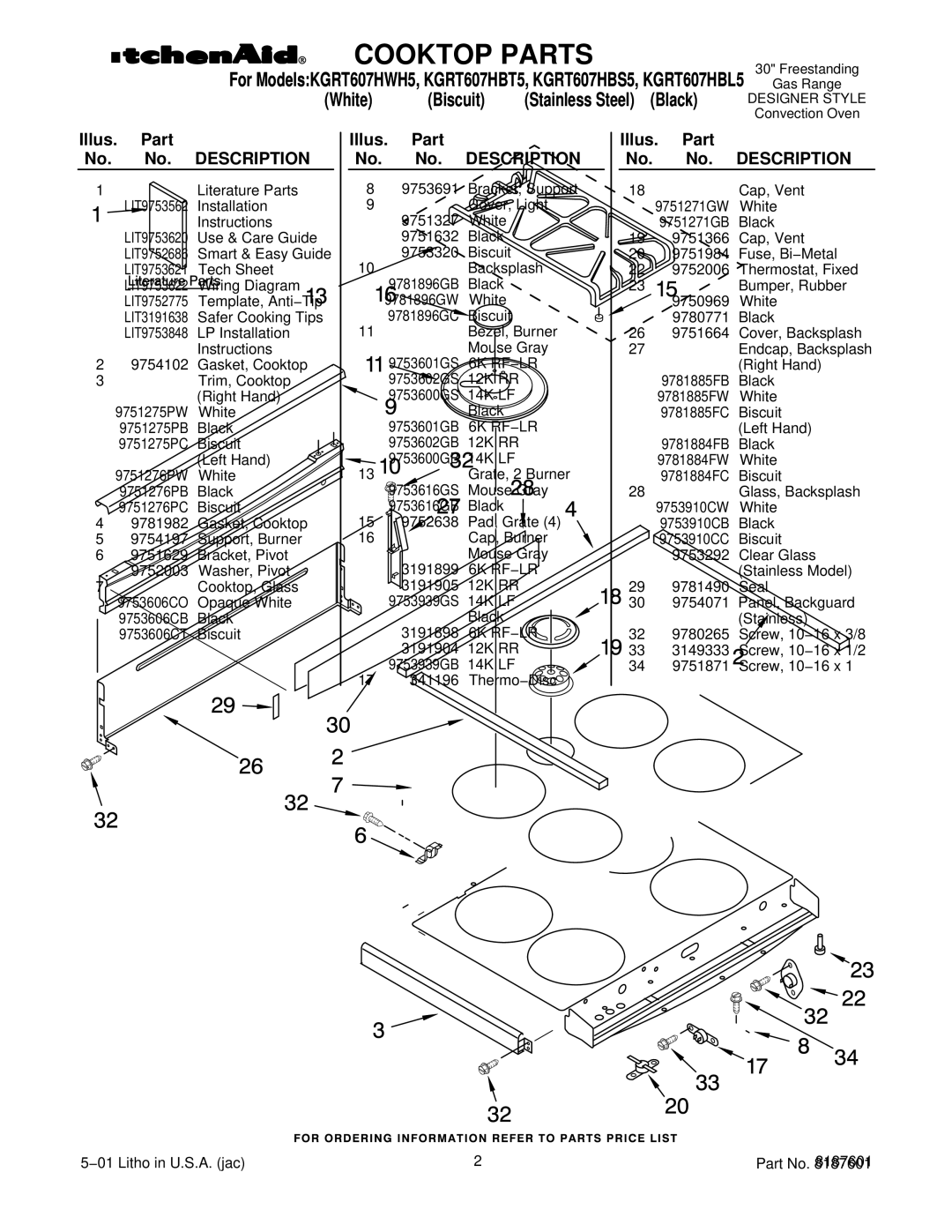 KitchenAid KGRT607HWH5, KGRT607HBL5, KGRT607HBT5, KGRT607HBS5 manual Illus. Part No. No. Description 