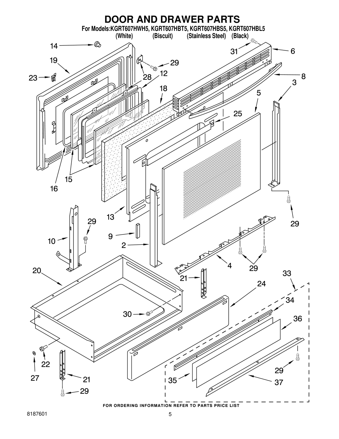 KitchenAid KGRT607HBT5, KGRT607HBL5, KGRT607HWH5, KGRT607HBS5 manual Door and Drawer Parts 