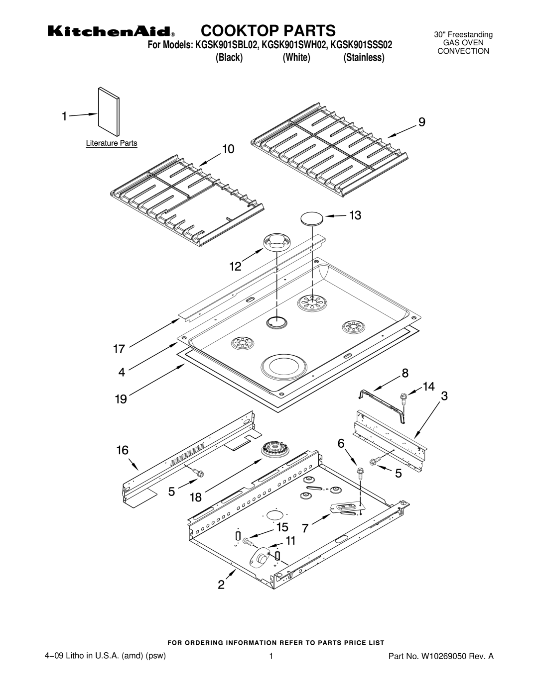 KitchenAid KGSK901SWH02, KGSK901SSS02, KGSK901SBL02 manual Cooktop Parts 