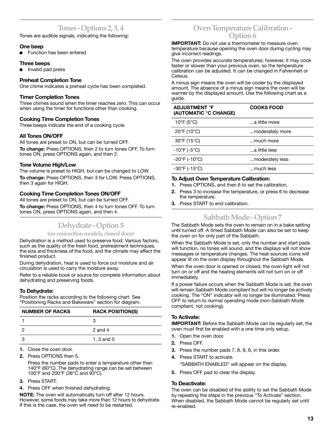 KitchenAid KGSK901 Tones- Options 2, 3,4, Dehydrate- Option, Oven Temperature Calibration Option, Sabbath Mode-Option 