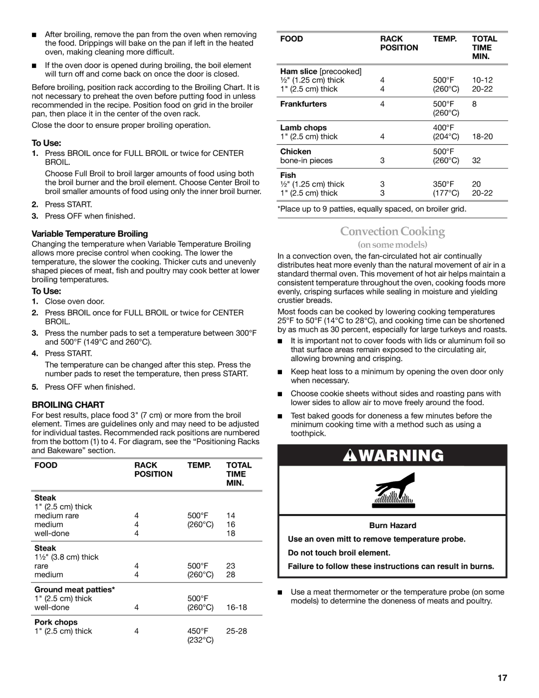 KitchenAid KGRS807, KGSS907, KGSK901 manual Convection Cooking, Variable Temperature Broiling, Broiling Chart 