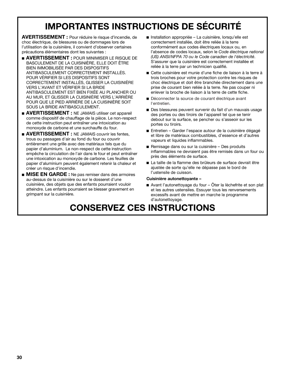 KitchenAid KGSS907, KGSK901, KGRS807 manual Importantes Instructions DE Sécurité, Cuisinière autonettoyante 