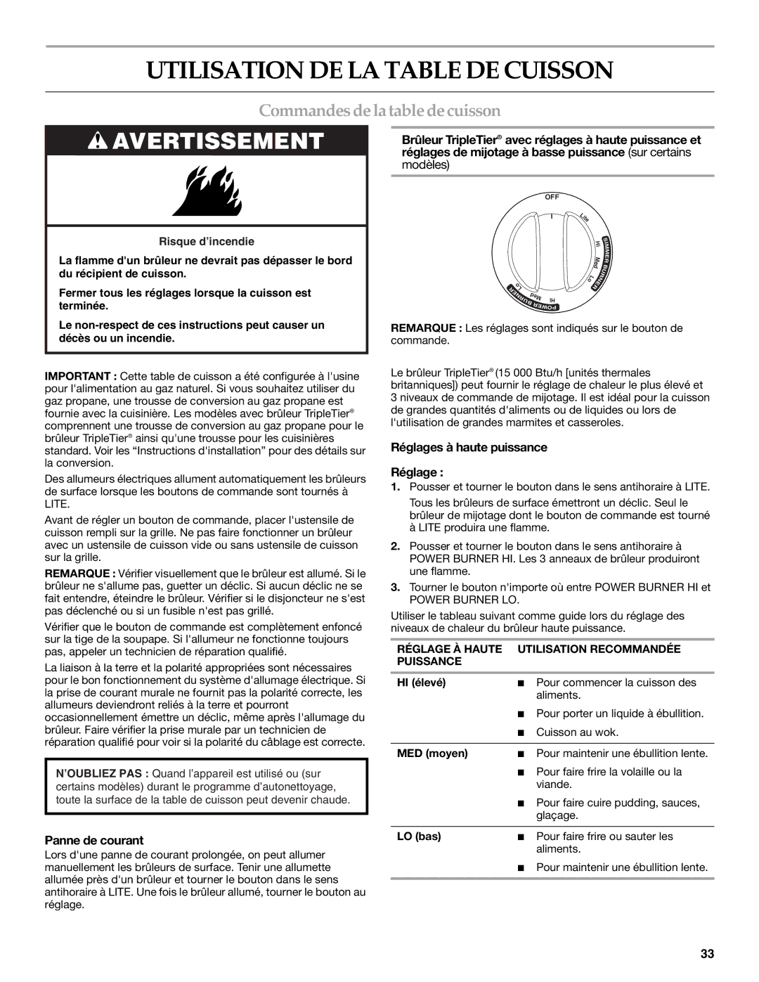 KitchenAid KGSS907, KGSK901 Utilisation DE LA Table DE Cuisson, Commandesdela table decuisson, Réglages à haute puissance 