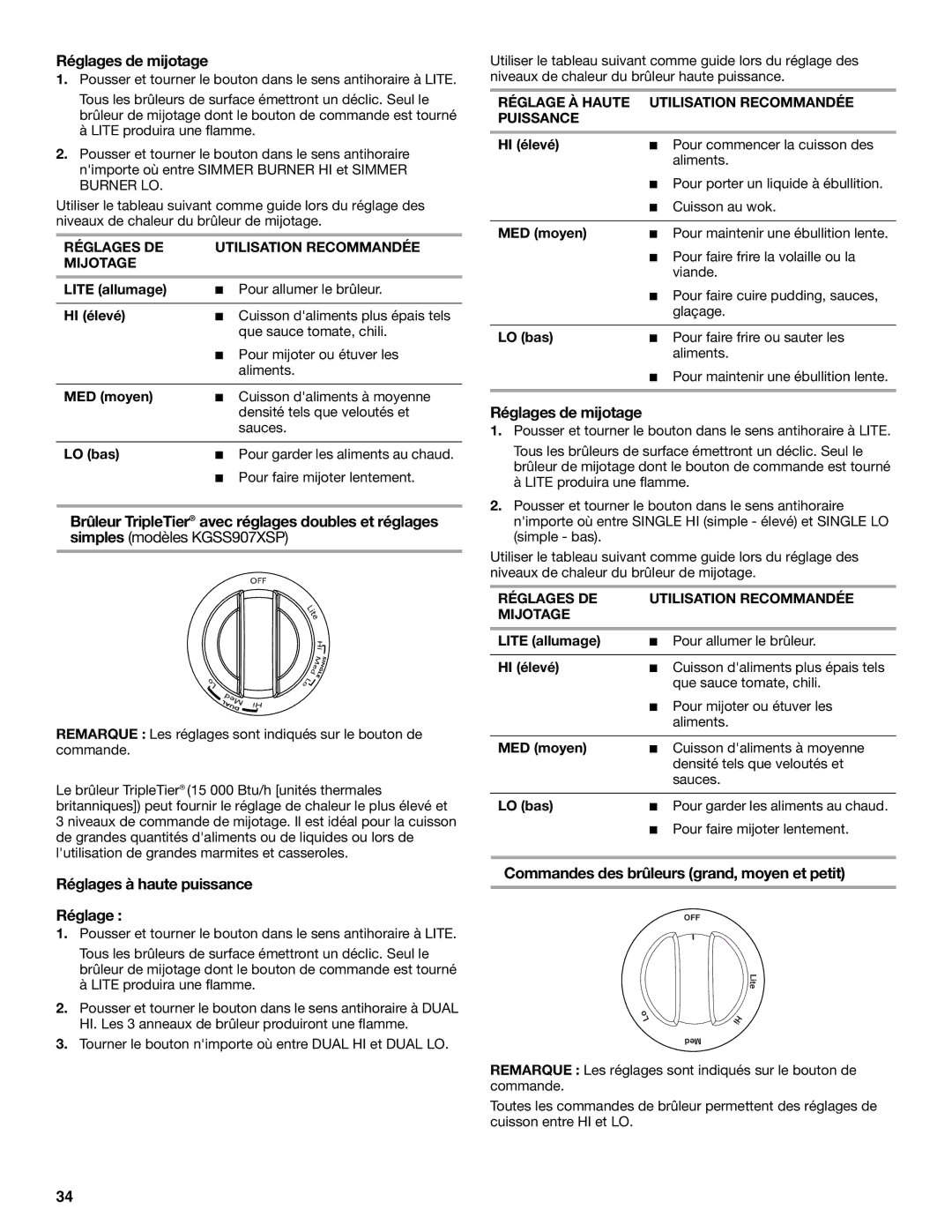 KitchenAid KGSK901, KGSS907 Réglages de mijotage, Commandes des brûleurs grand, moyen et petit, Lite allumage, HI élevé 