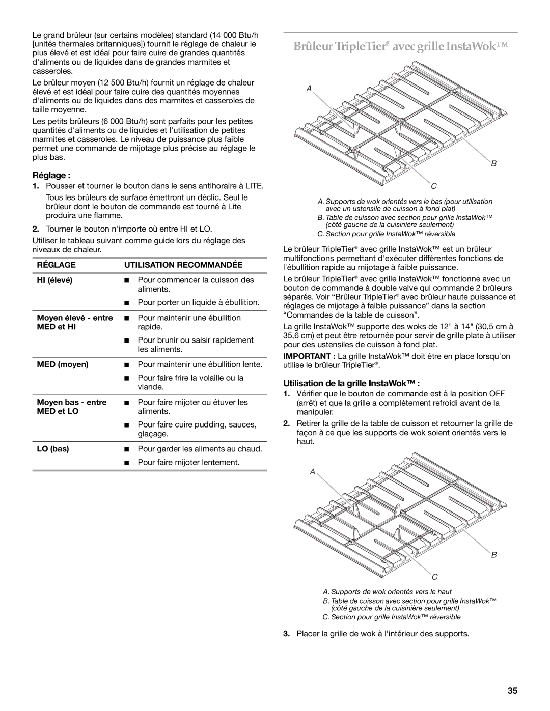 KitchenAid KGRS807, KGSS907, KGSK901 Brûleur TripleTier avecgrille InstaWok, Réglage, Utilisation de la grille InstaWok 