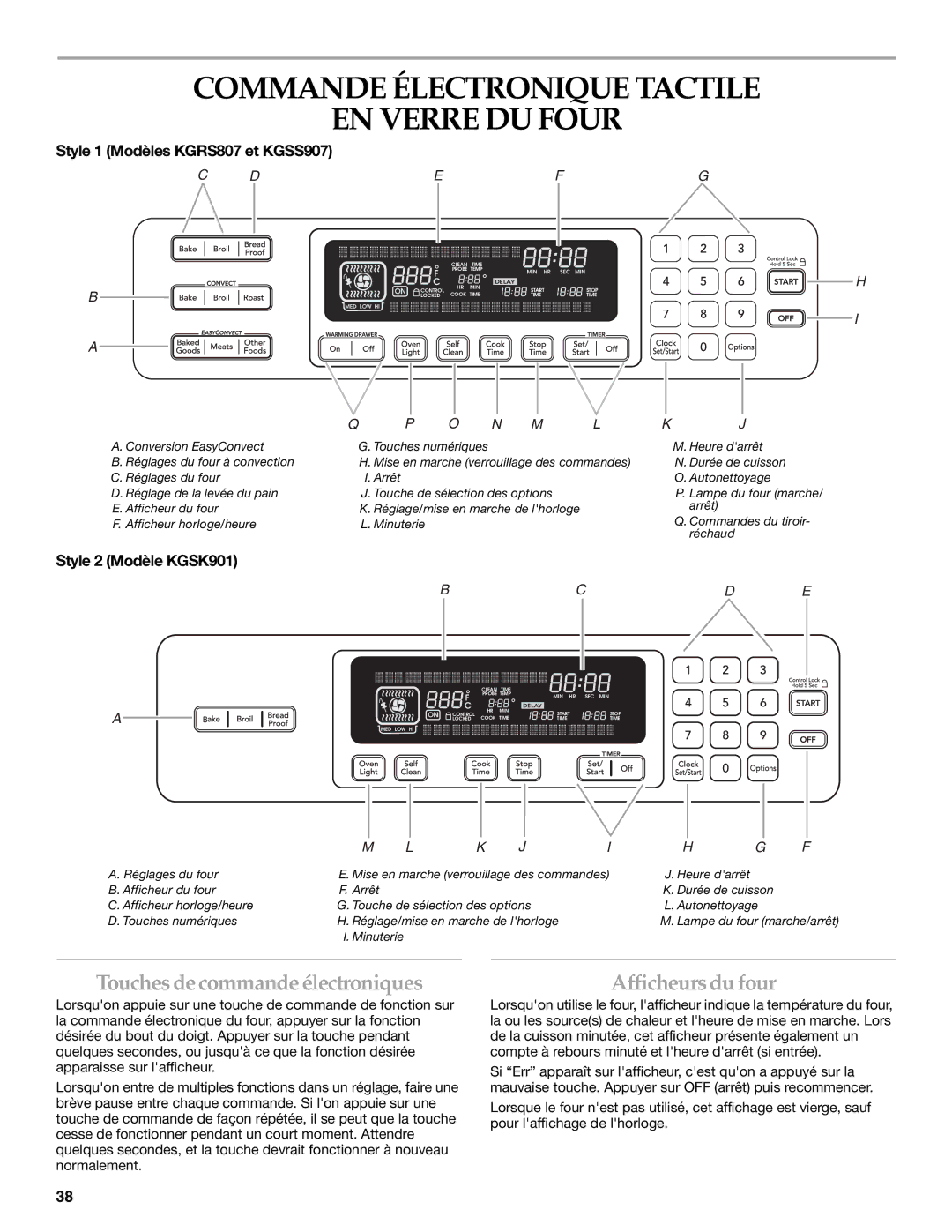 KitchenAid KGRS807 Commande Électronique Tactile EN Verre DU Four, Touches decommandeélectroniques, Afficheurs du four 