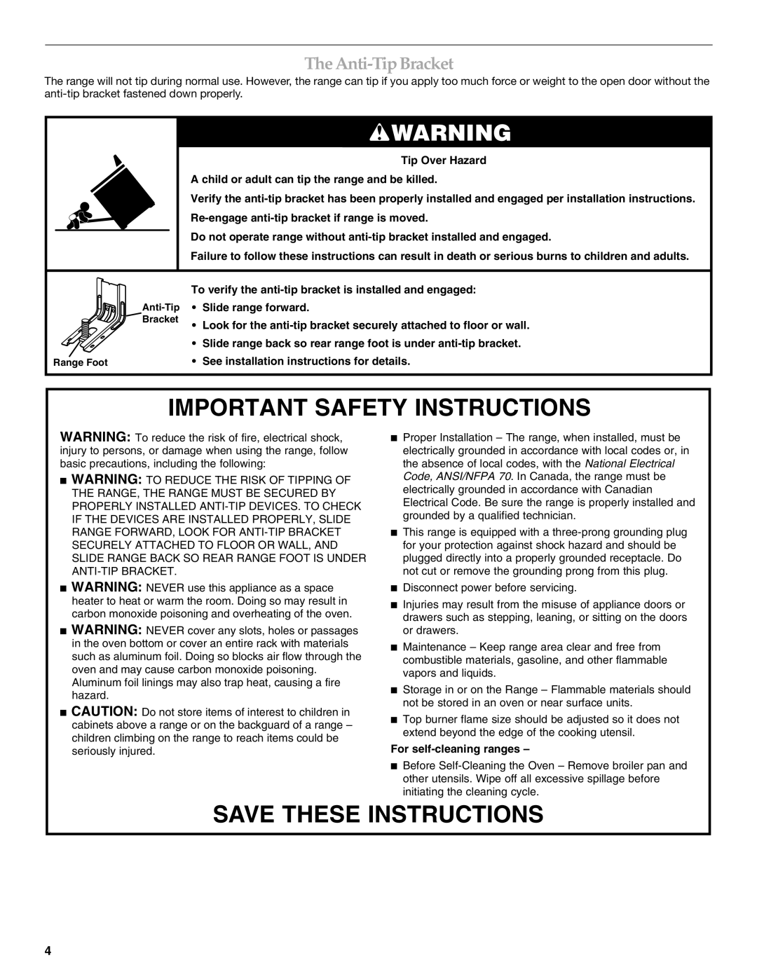 KitchenAid KGSK901, KGSS907, KGRS807 manual Important Safety Instructions, Anti-Tip Bracket 