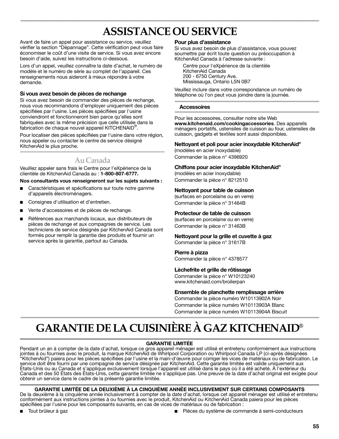 KitchenAid KGSK901, KGSS907, KGRS807 manual Assistance OU Service, Garantie DE LA Cuisinière À GAZ Kitchenaid, Au Canada 