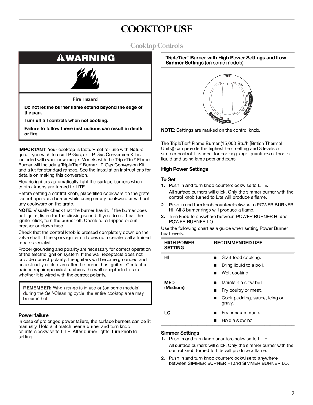 KitchenAid KGSK901, KGSS907 manual Cooktop USE, Cooktop Controls, Power failure, High Power Settings To Set, Simmer Settings 