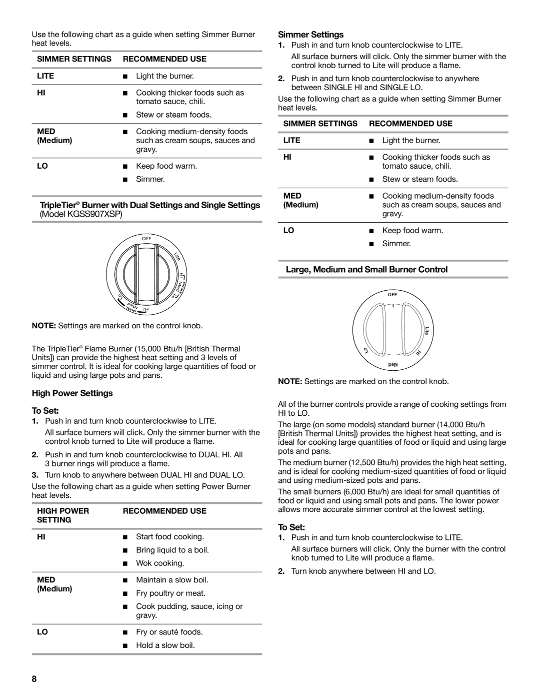 KitchenAid KGRS807 manual TripleTier Burner with Dual Settings and Single Settings, Large, Medium and Small Burner Control 