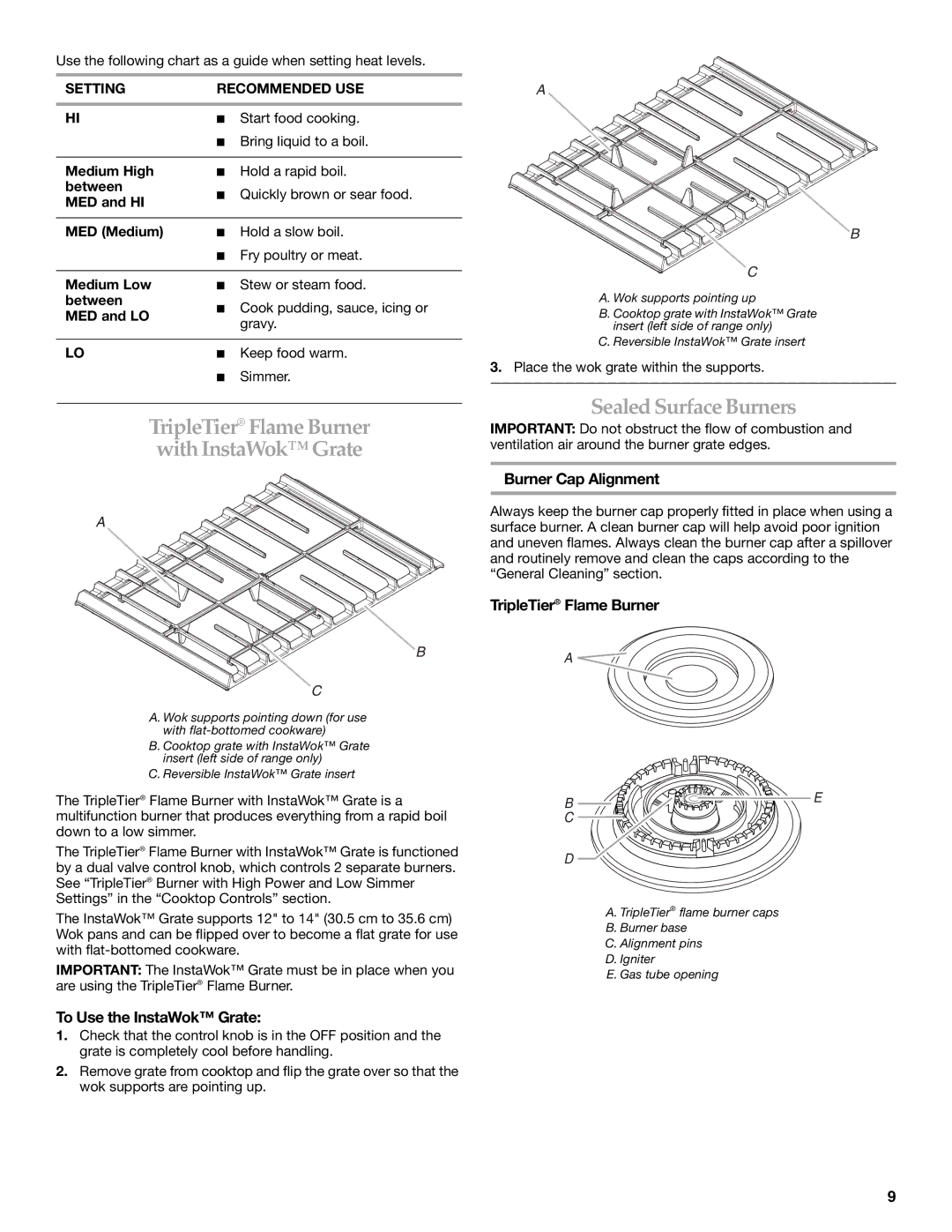 KitchenAid KGSS907 manual Sealed Surface Burners, To Use the InstaWok Grate, Burner Cap Alignment, TripleTier Flame Burner 