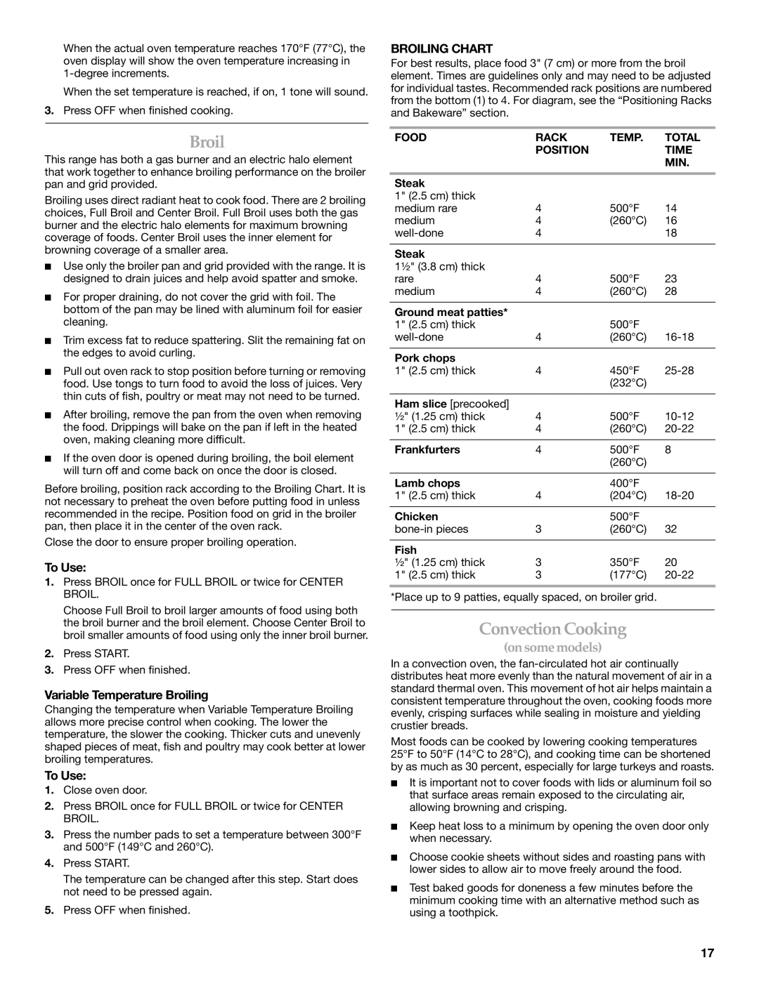 KitchenAid KGRS807, KGSS907, KGSK901 manual Convection Cooking, Variable Temperature Broiling, Broiling Chart 