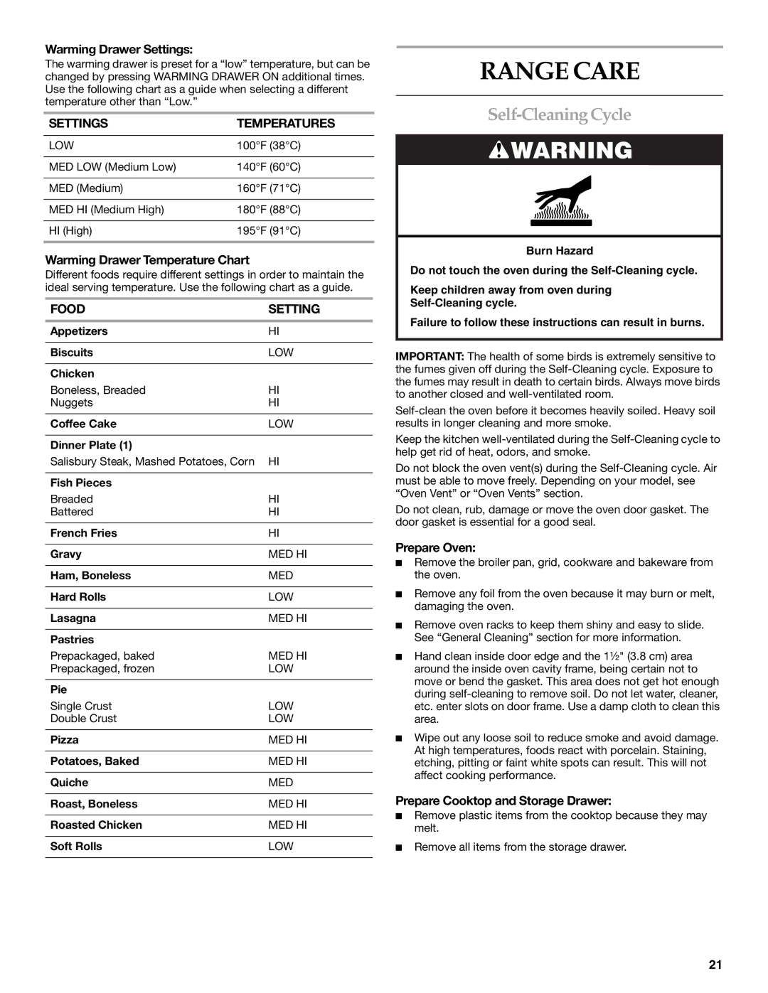 KitchenAid KGSS907, KGSK901, KGRS807 manual Range Care, Self-Cleaning Cycle, Settings Temperatures, Food Setting 