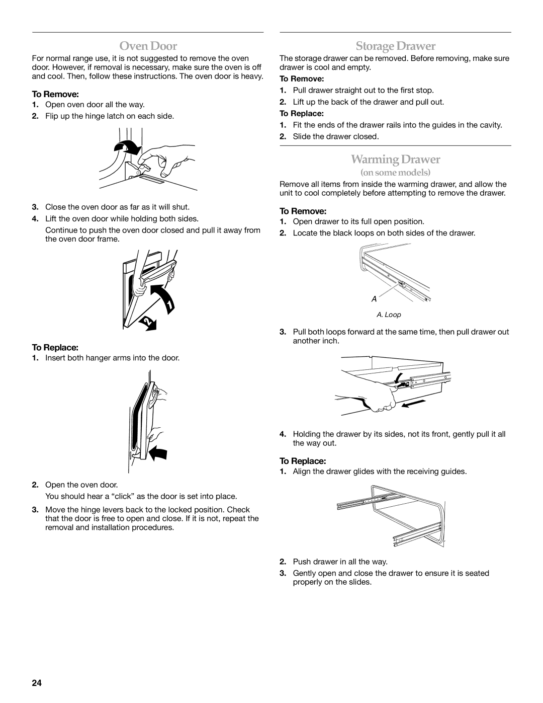 KitchenAid KGSS907, KGSK901, KGRS807 manual Oven Door, Storage Drawer, To Remove, To Replace 