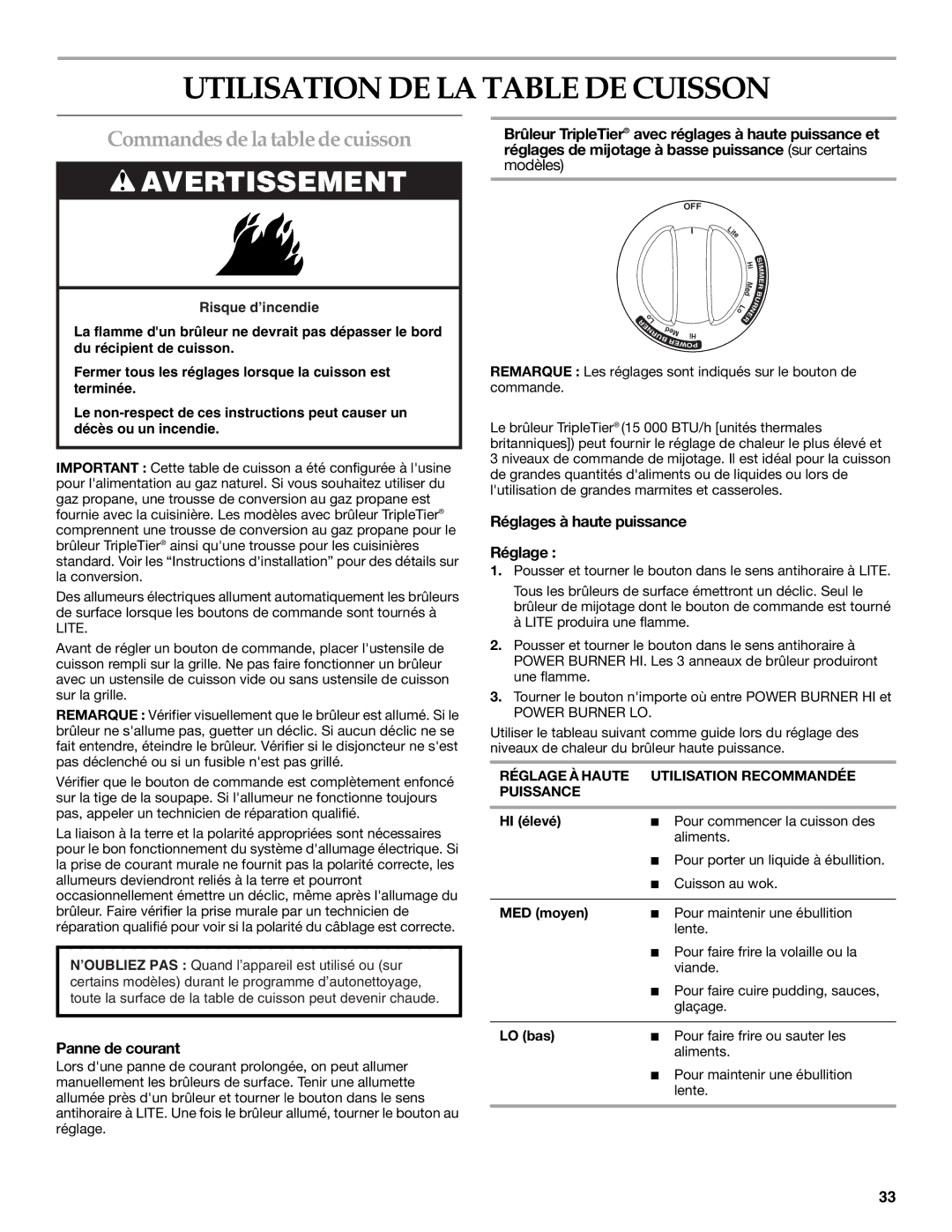 KitchenAid KGSS907, KGSK901, KGRS807 Utilisation DE LA Table DE Cuisson, Commandes de la table de cuisson, Panne de courant 