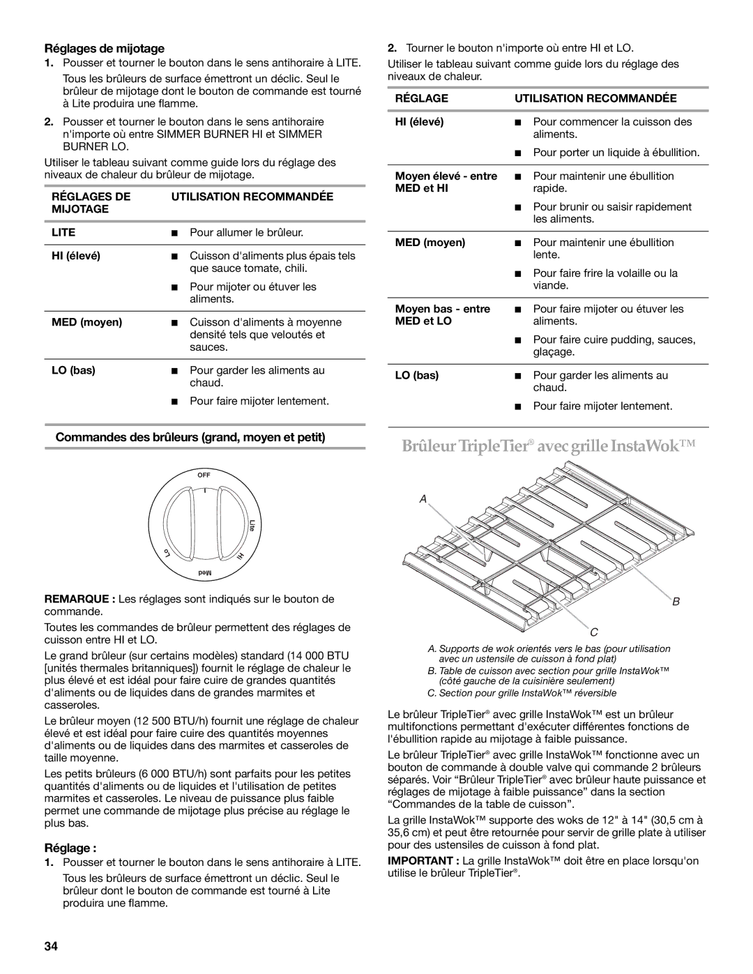 KitchenAid KGSK901, KGSS907, KGRS807 manual Brûleur TripleTier avecgrille InstaWok, Réglages de mijotage 