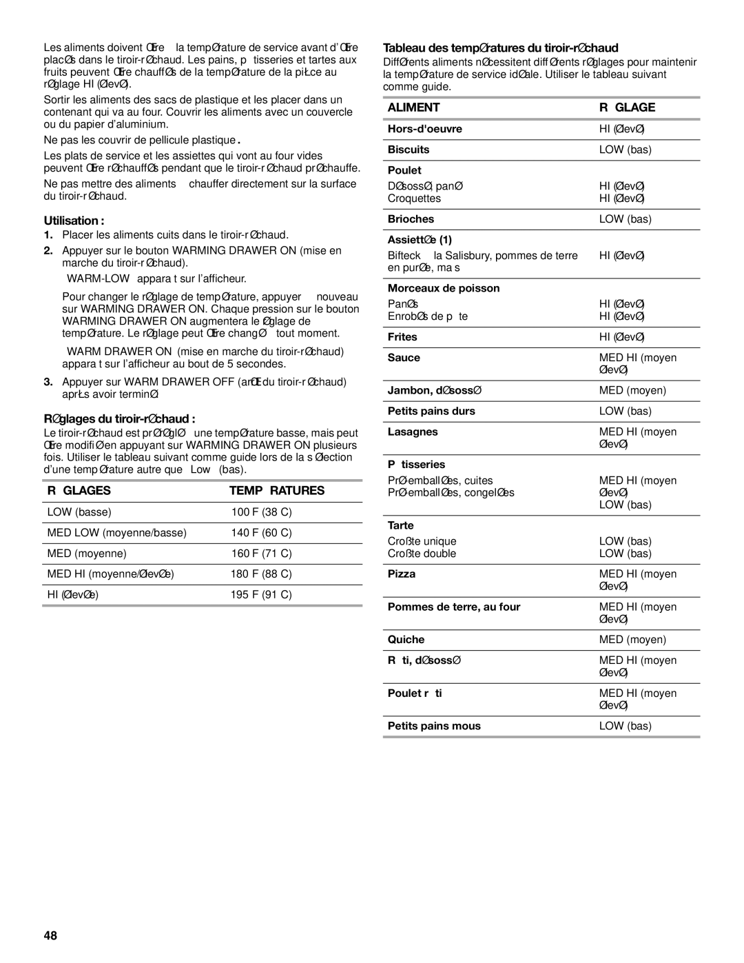 KitchenAid KGSS907, KGSK901 Réglages du tiroir-réchaud, Réglages Températures, Tableau des températures du tiroir-réchaud 