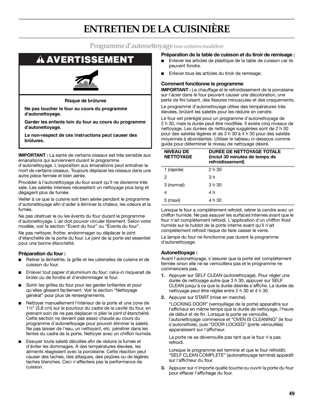 KitchenAid KGSK901, KGSS907, KGRS807 manual Entretien DE LA Cuisinière, Programme d’autonettoyage surcertains modèles 