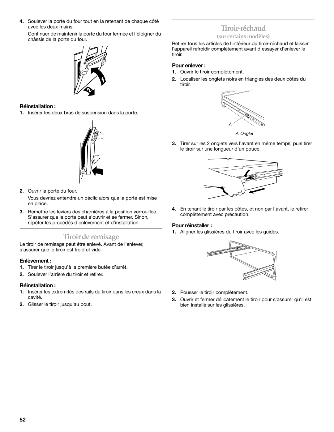 KitchenAid KGSK901, KGSS907, KGRS807 manual Tiroir de remisage, Pour enlever, Réinstallation, Pour réinstaller 