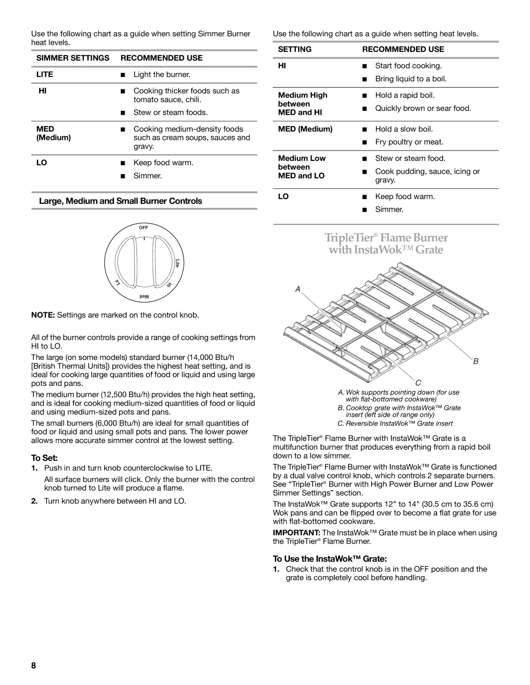 KitchenAid KGRS807, KGSS907 Large, Medium and Small Burner Controls, To Use the InstaWok Grate, Setting Recommended USE 