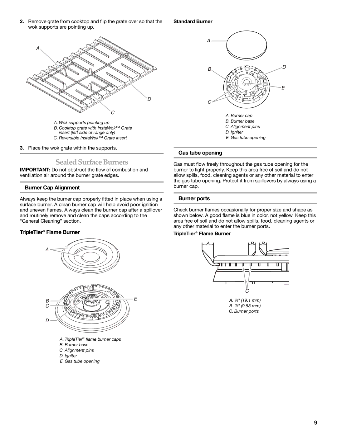 KitchenAid KGSS907 Sealed Surface Burners, Burner Cap Alignment, TripleTier Flame Burner, Gas tube opening, Burner ports 