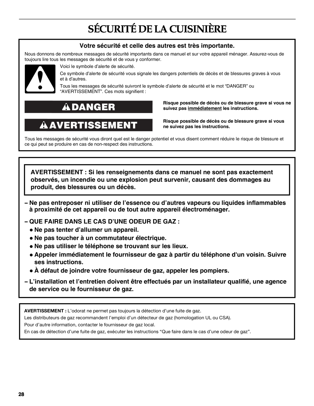 KitchenAid KGSK901, KGSS907, KGRS807 manual Sécurité De La Cuisinière, Danger Avertissement 