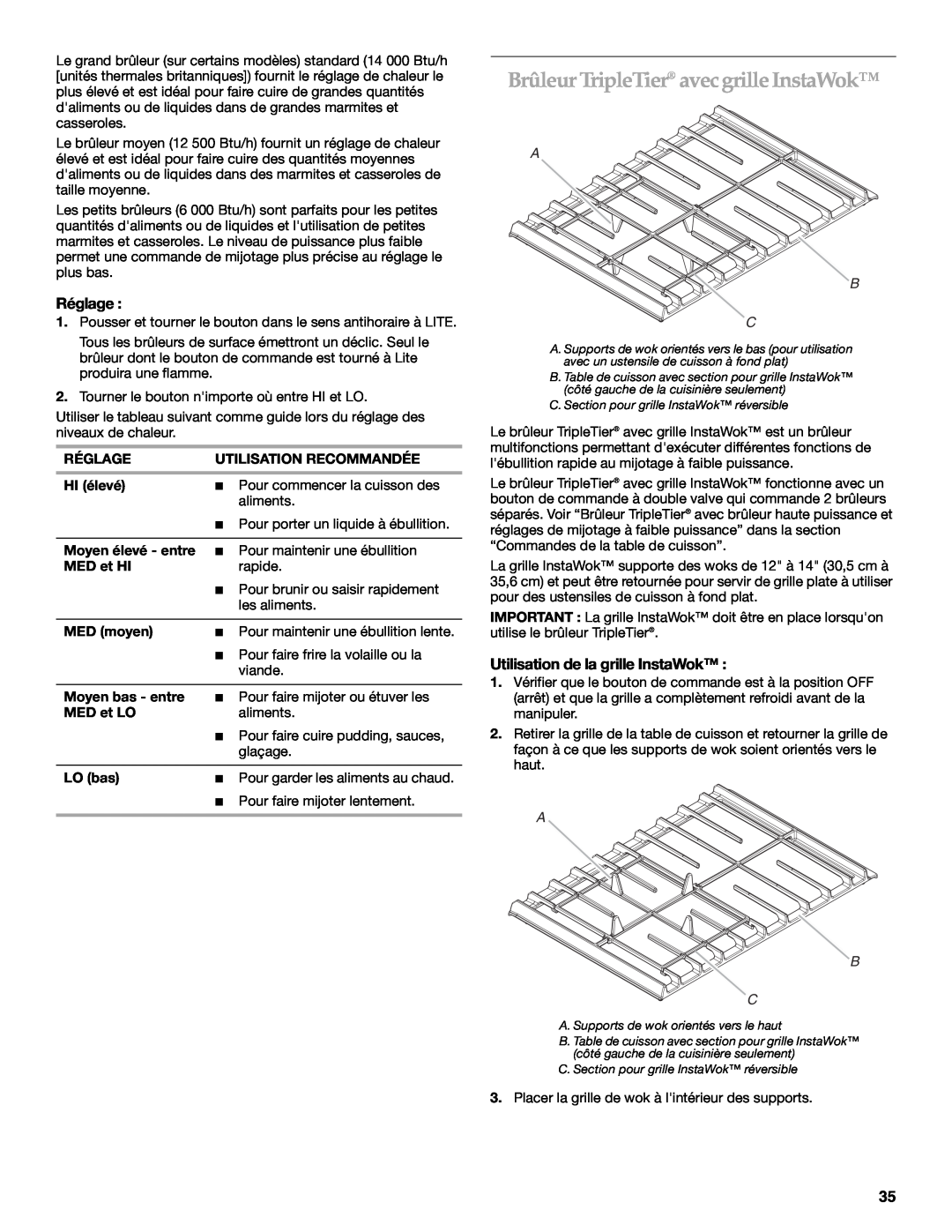KitchenAid KGRS807, KGSS907 manual Brûleur TripleTier avecgrille InstaWok, Réglage, Utilisation de la grille InstaWok, A B C 