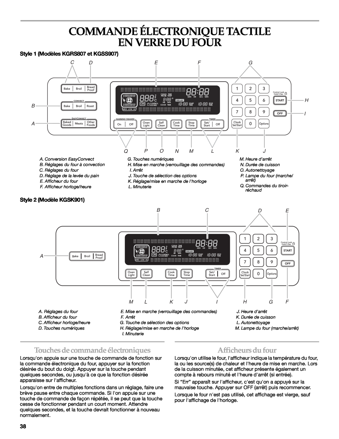 KitchenAid KGRS807 Commande Électronique Tactile En Verre Du Four, Touches decommandeélectroniques, Afficheurs du four 