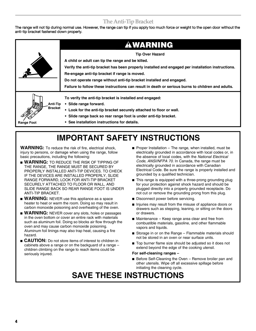 KitchenAid KGSK901 manual The Anti-Tip Bracket, Important Safety Instructions, Save These Instructions, Slide range forward 