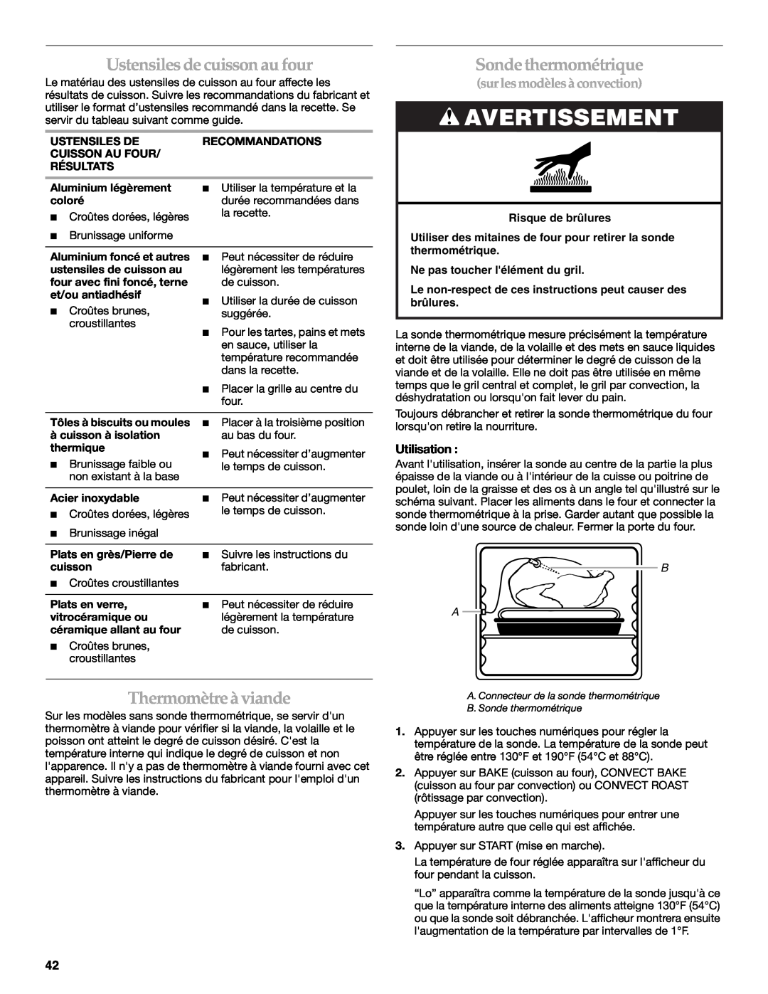 KitchenAid KGSS907 manual Ustensiles decuisson au four, Sondethermométrique, Thermomètreàviande, Avertissement, Utilisation 
