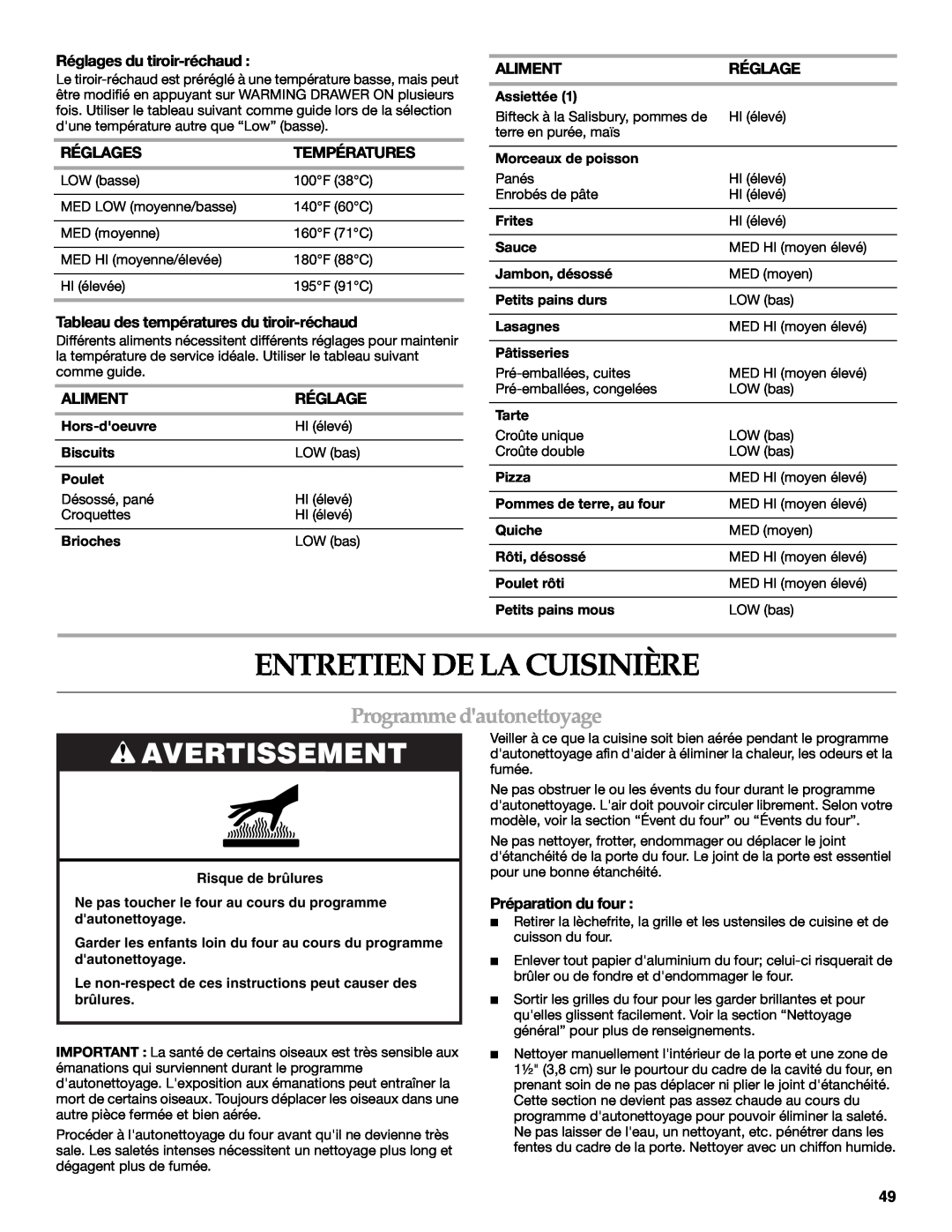 KitchenAid KGSK901 manual Entretien De La Cuisinière, Programme dautonettoyage, Avertissement, Réglages du tiroir-réchaud 