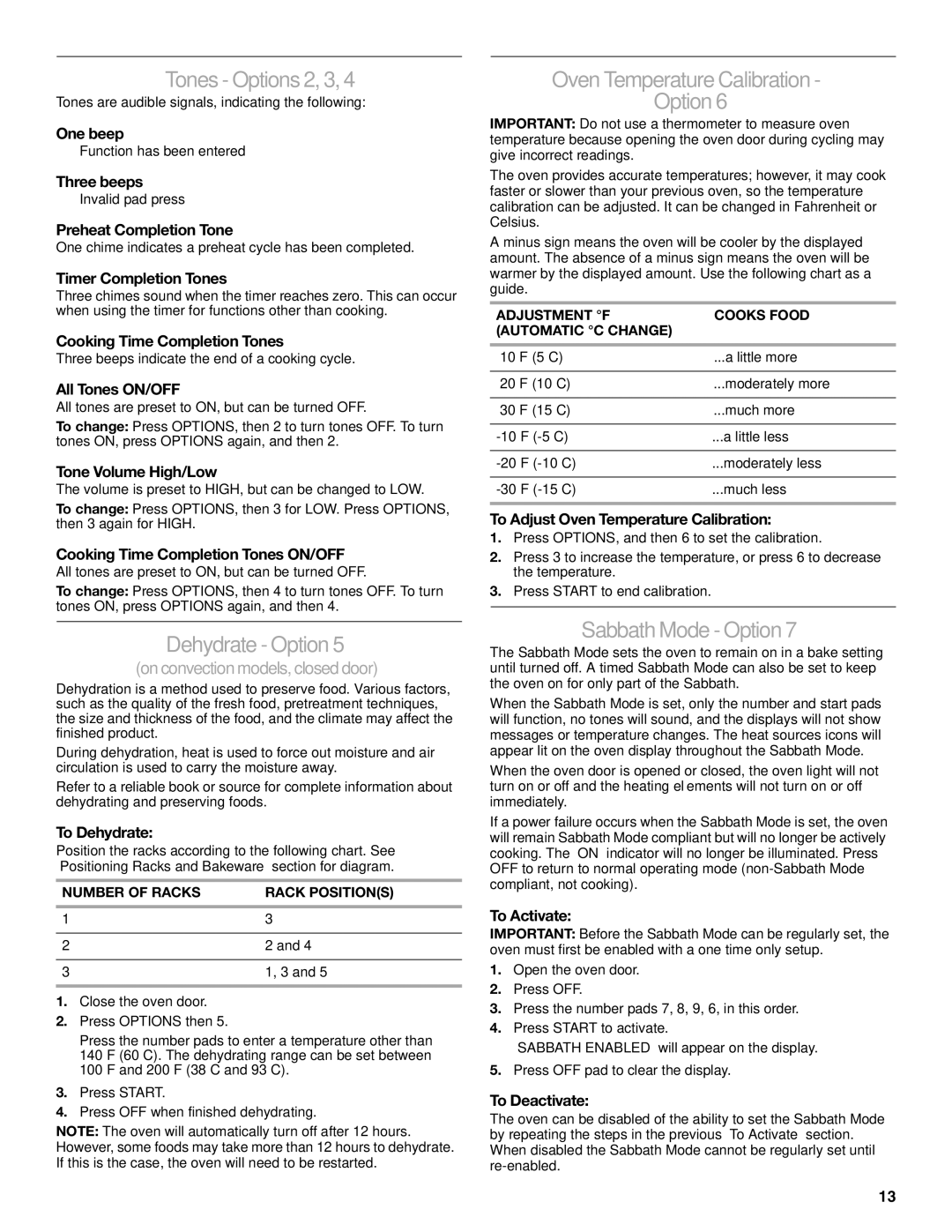 KitchenAid KGSK901 Tones- Options 2, 3,4, Dehydrate- Option, Oven Temperature Calibration Option, Sabbath Mode-Option 