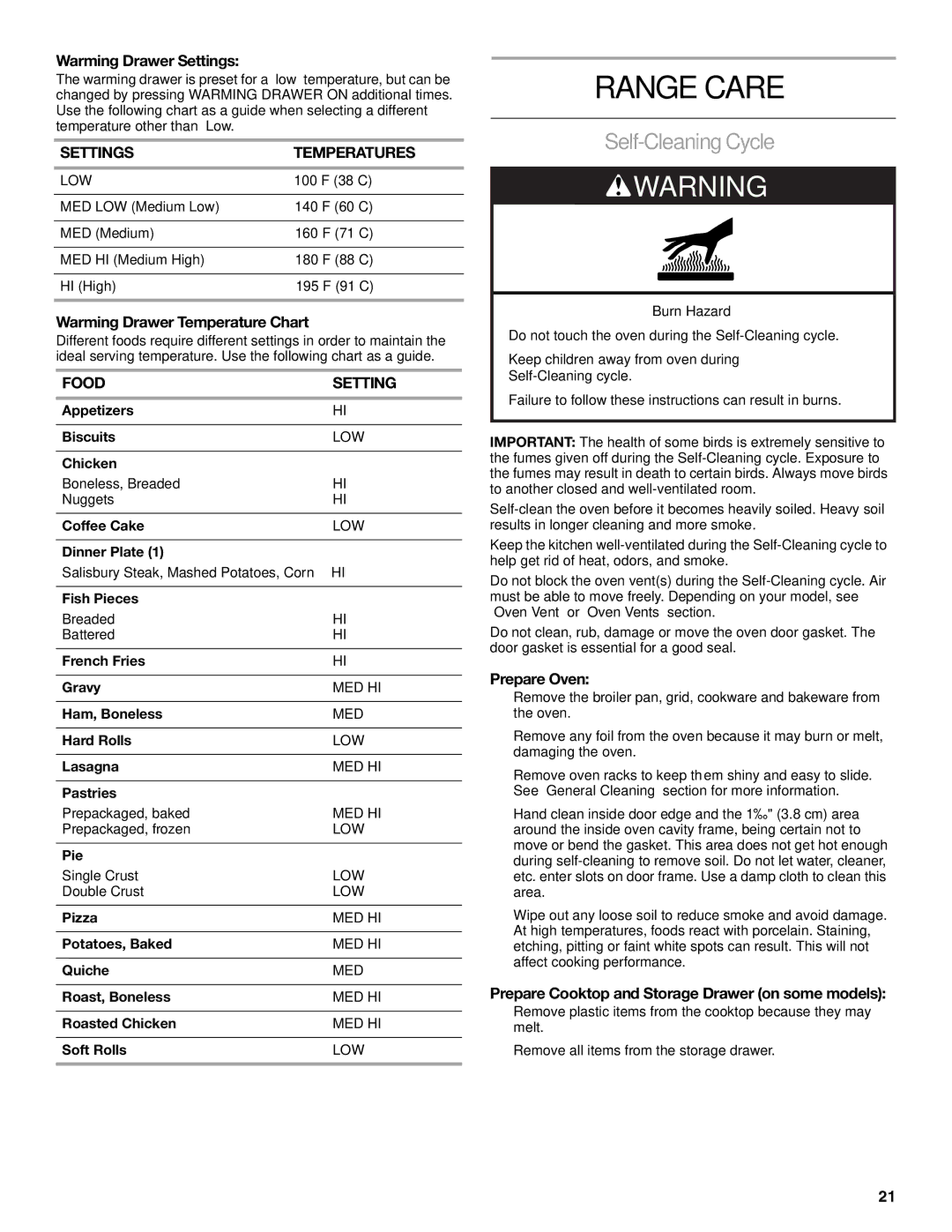 KitchenAid KGSK901, KGSS907 manual Range Care, Self-Cleaning Cycle, Settings Temperatures, Food Setting 