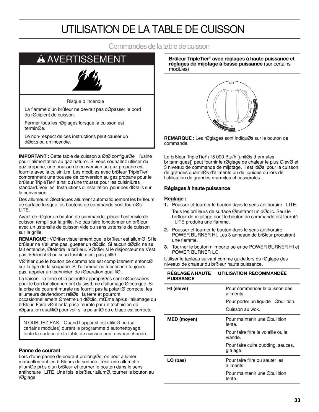 KitchenAid KGSK901, KGSS907 Utilisation DE LA Table DE Cuisson, Commandesdela table decuisson, Réglages à haute puissance 