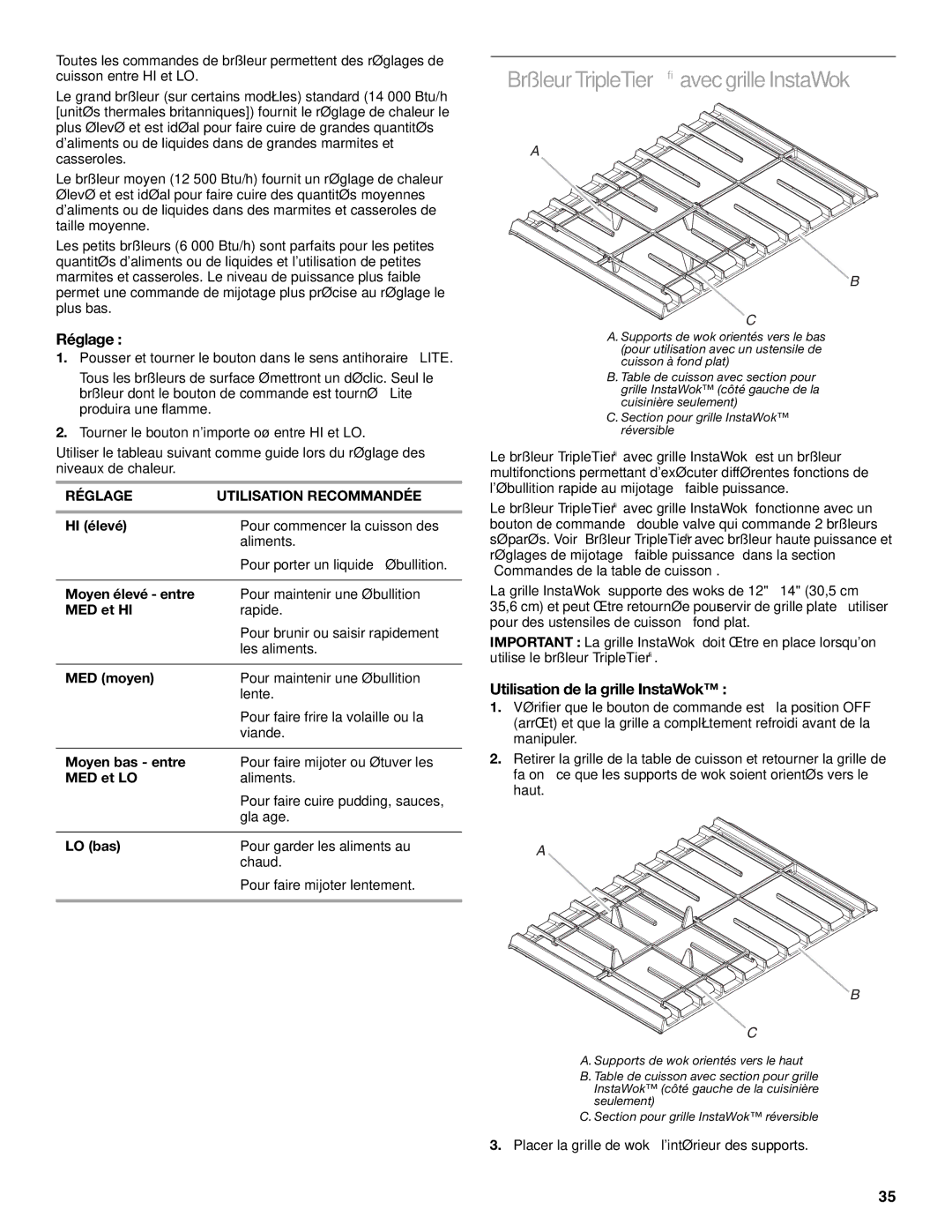 KitchenAid KGSK901, KGSS907 manual Brûleur TripleTier avecgrille InstaWok, Utilisation de la grille InstaWok 