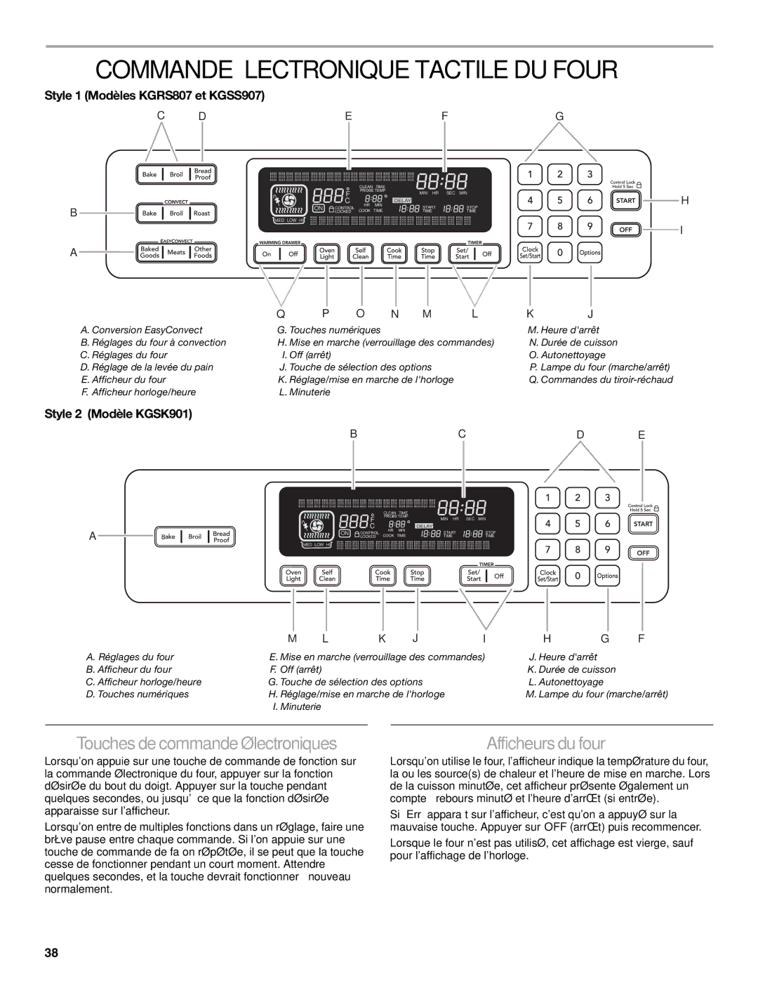 KitchenAid KGSS907, KGSK901 Commande Électronique Tactile DU Four, Touches decommandeélectroniques, Afficheurs du four 