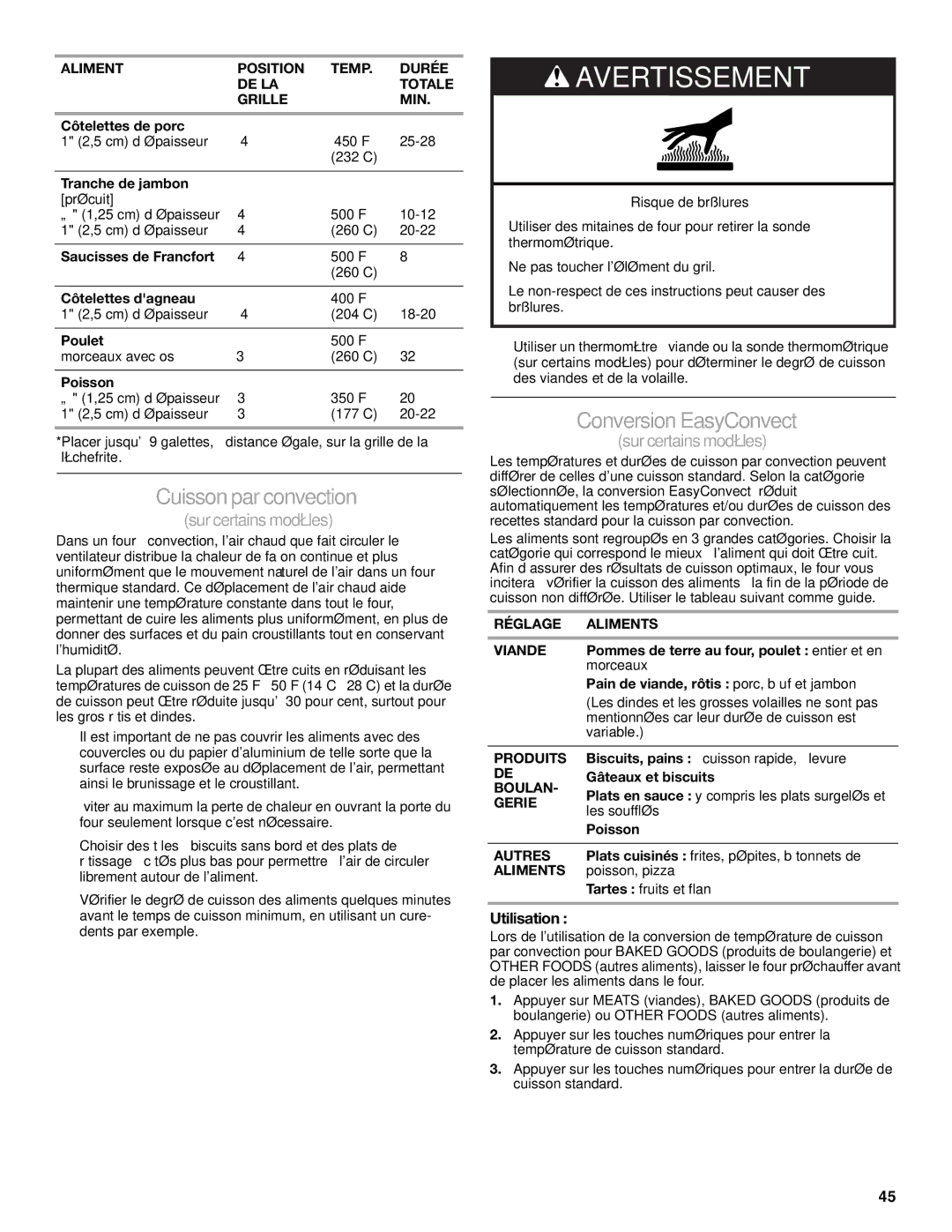 KitchenAid KGSK901, KGSS907 manual Cuisson parconvection, ConversionEasyConvect 